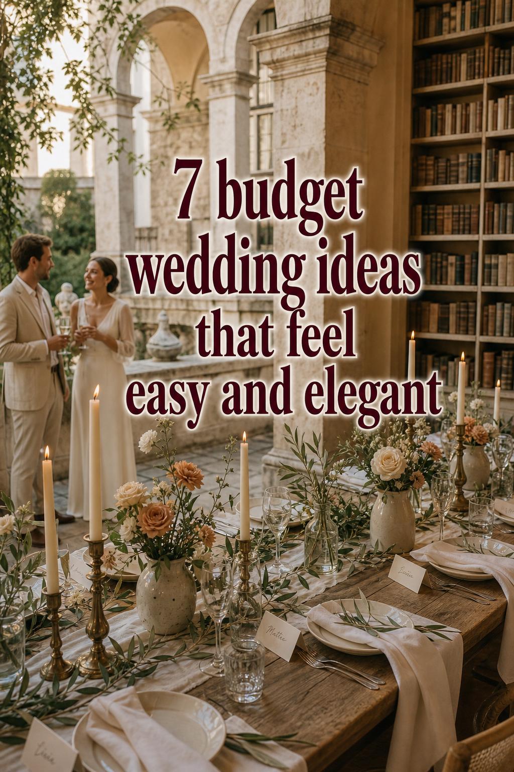 Budget wedding ideas shown in a sunlit European library terrace tablescape with vintage brass candles, olive greenery, and soft flowers