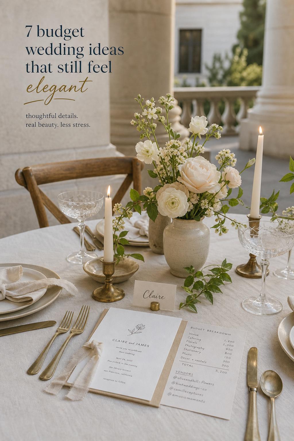 Budget wedding ideas: minimalist wedding table for two with ivory linen, candles, blush flowers, and handwritten budget note