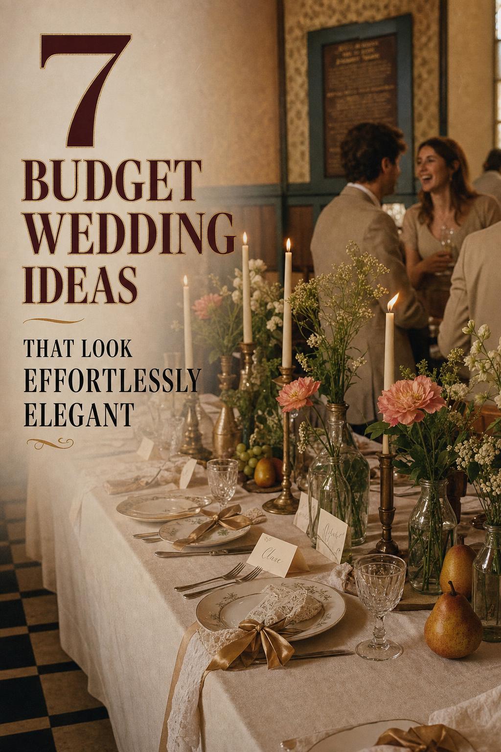 Budget wedding ideas with a thrifted candlelit reception tablescape in a vintage community hall, warm editorial photo