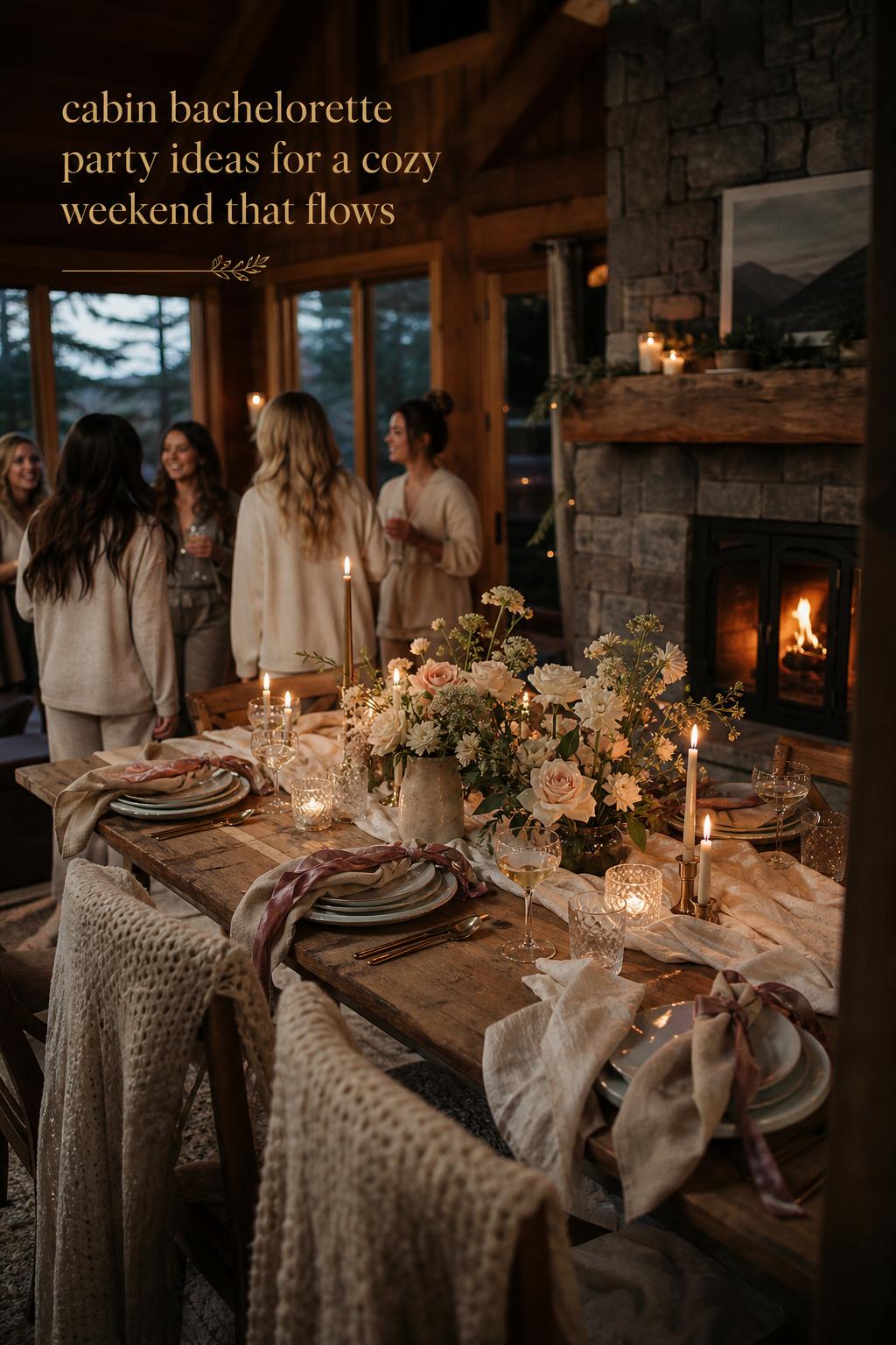 Cabin dining table set by a stone fireplace with candles and florals, featuring cabin bachelorette party ideas for a cozy weekend