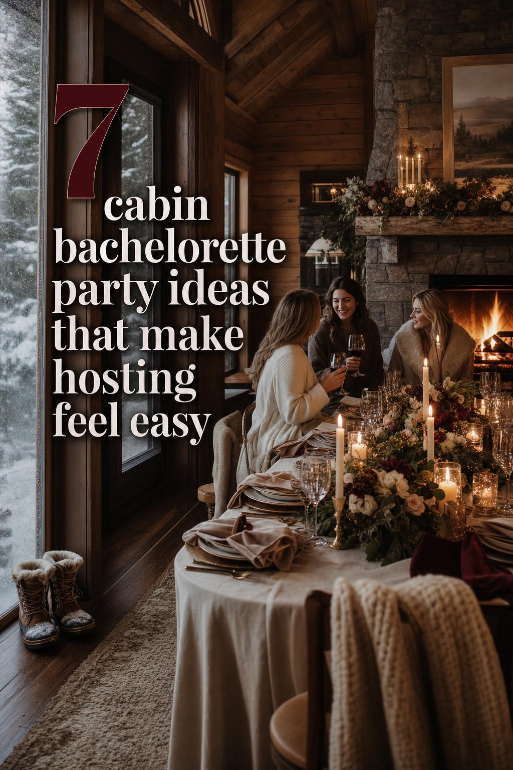 Cabin bachelorette party ideas firelit winter dinner in a luxury mountain cabin with candles, fireplace glow, and snowy windows
