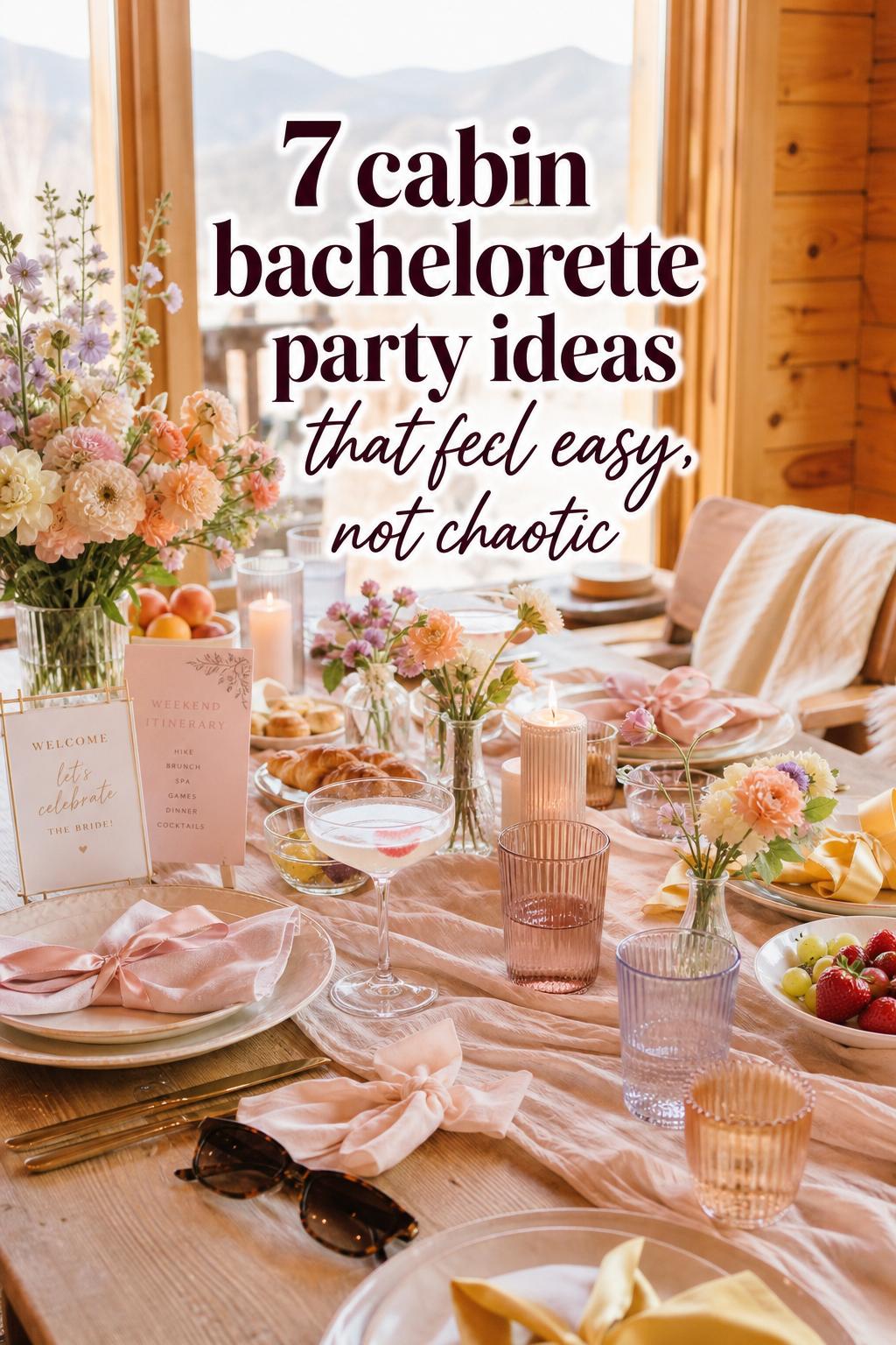 Cabin bachelorette party ideas pastel brunch table by a sunny cabin window with ribbons, florals, candles, and welcome cards