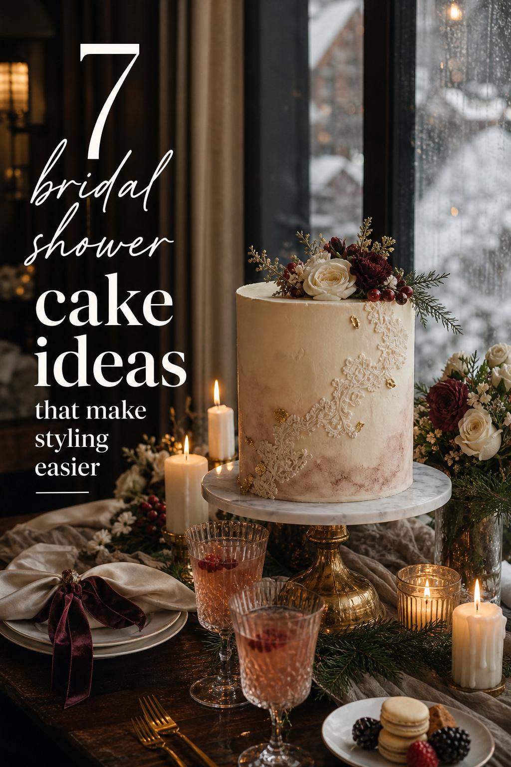 Candlelit winter dessert table with ivory buttercream cake centerpiece at alpine resort, bridal shower cake ideas