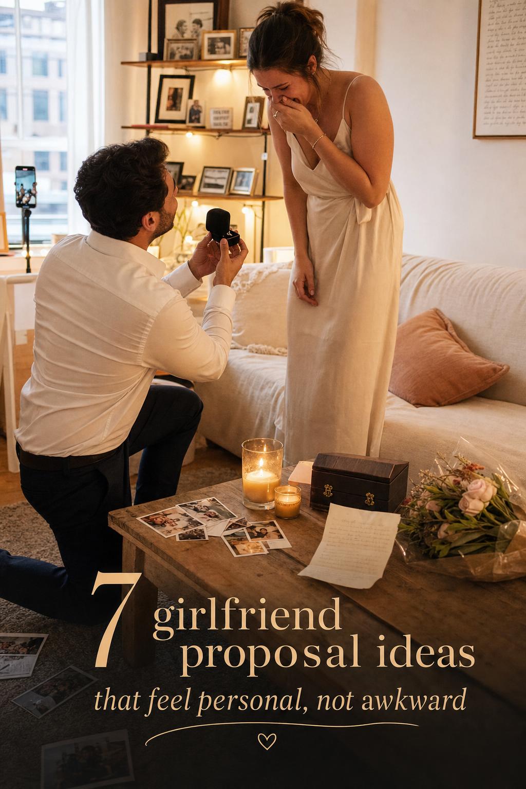 Candlelit apartment proposal moment with ring box and emotional reaction, showcasing girlfriend proposal ideas at home