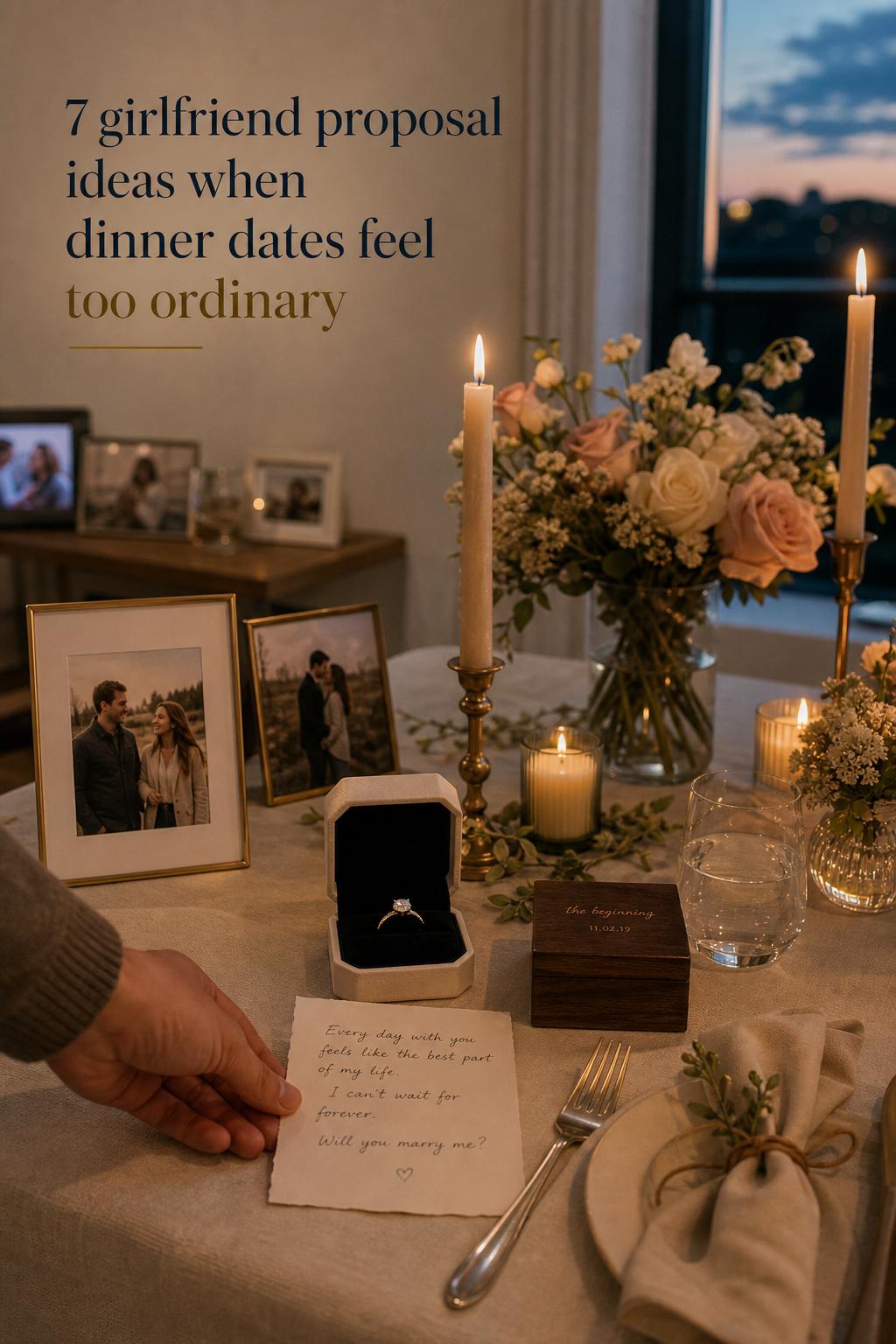 Candlelit at-home dinner table with ring box and love note, thoughtful girlfriend proposal ideas in warm editorial style