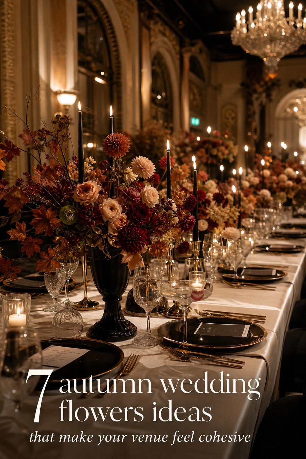 Candlelit black tie reception table with autumn wedding flowers in a city ballroom, ivory linen, crystal, and gold accents