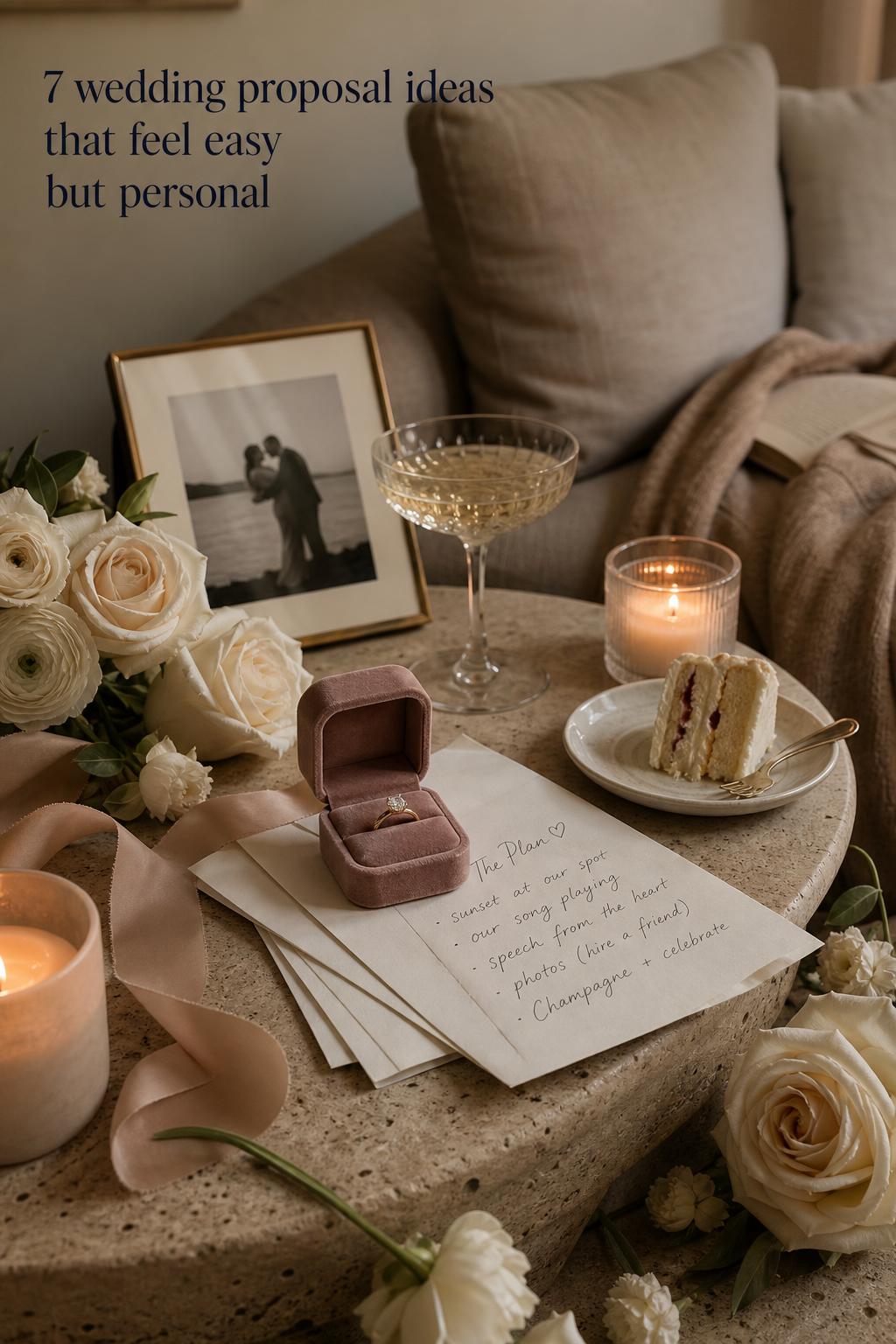 Candlelit living room proposal setup with velvet ring box and handwritten notes, inspiring wedding proposal ideas
