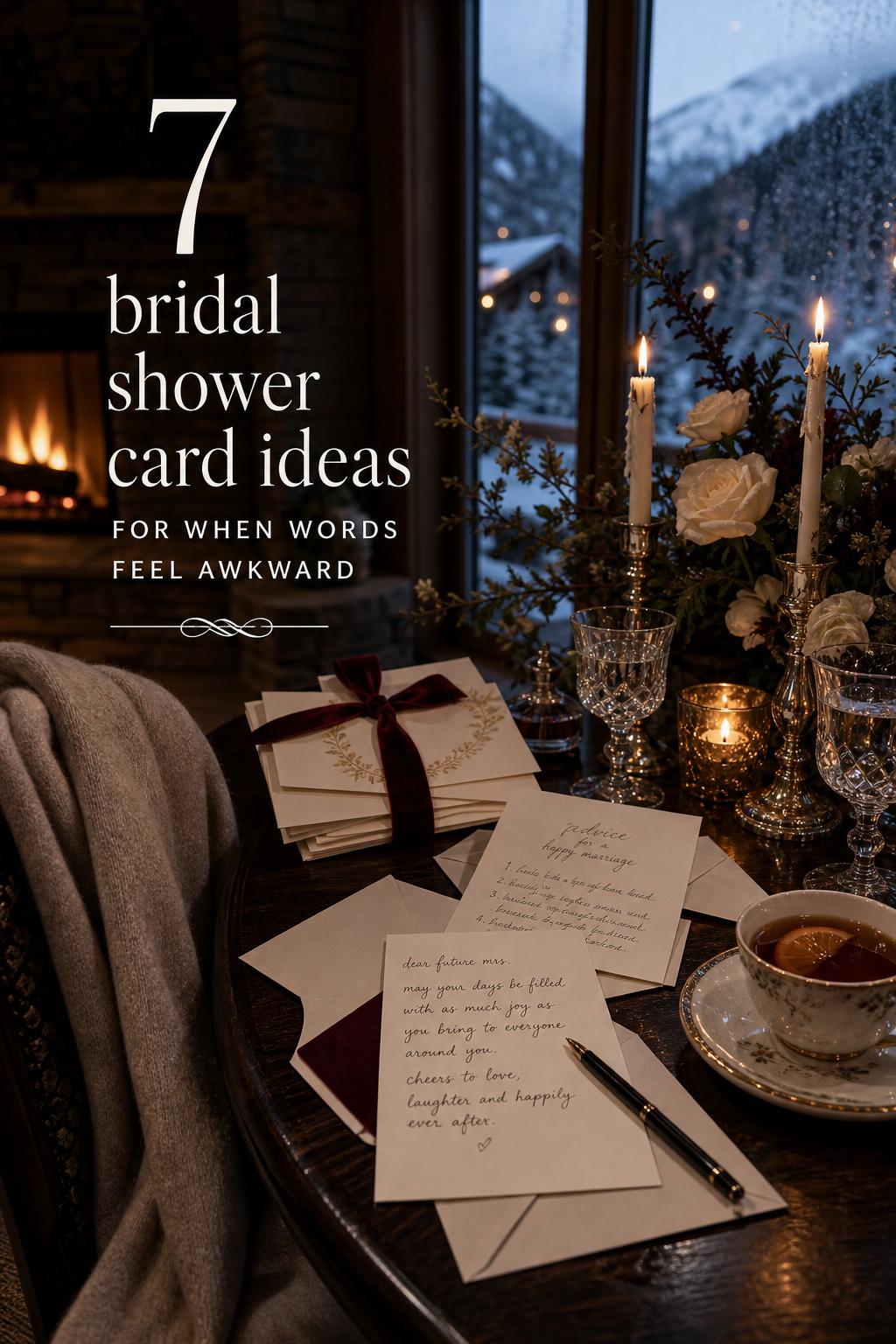 Bridal shower card ideas in a candlelit winter resort lounge with elegant stationery, handwritten notes, and warm drink