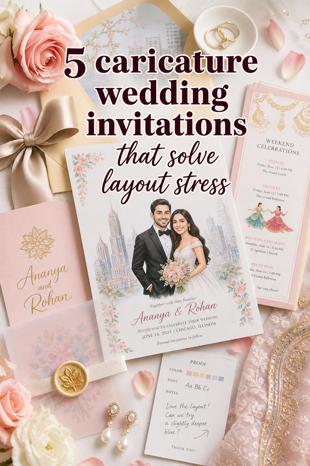 Pastel flat-lay of caricature wedding invitations suite with ribbons, florals, proof card, and bold Pinterest text overlay