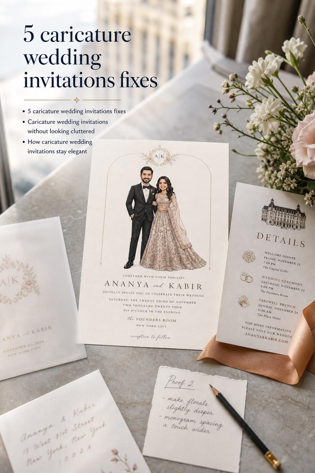 Caricature wedding invitations suite on stone desk with saffron silk ribbon, florals, and proof note in soft daylight