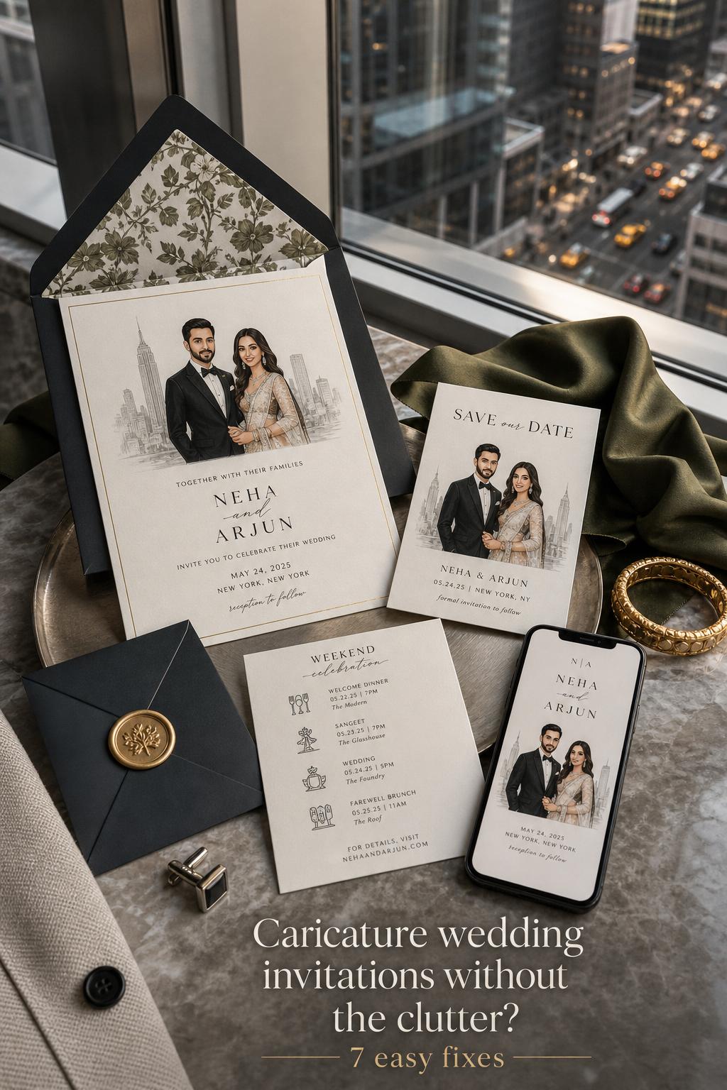Caricature wedding invitations flat lay on marble by hotel window with skyline reflections, silk ribbon, wax seal, and phone.