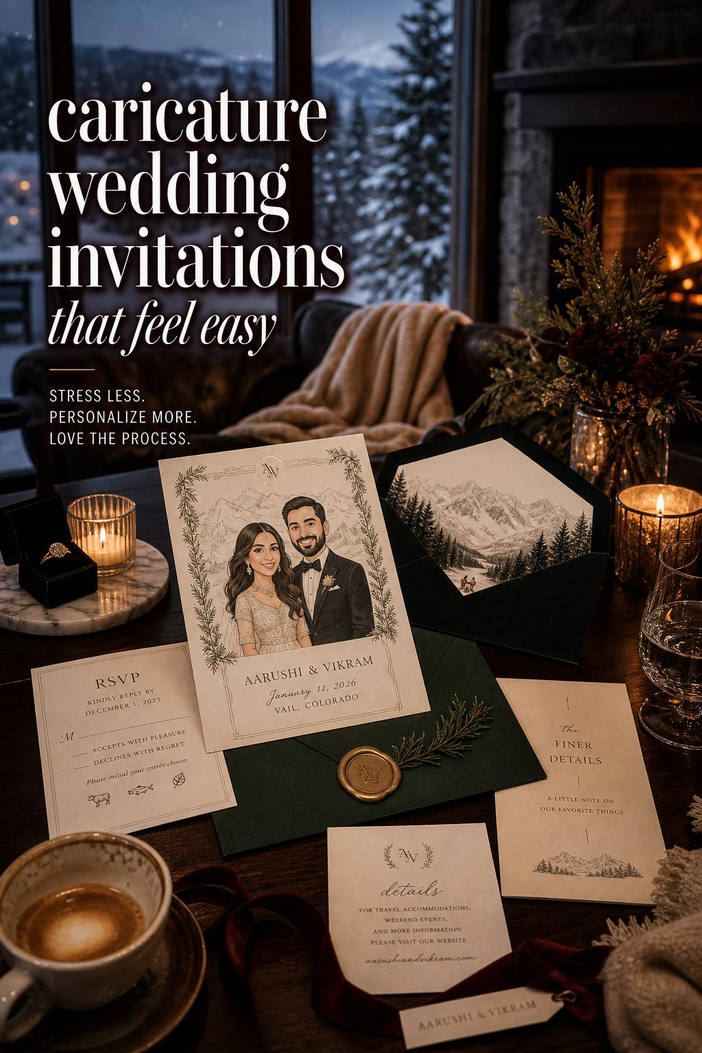 Caricature wedding invitations styled by candlelight on a dark wood table in a winter resort lounge, espresso beside suite