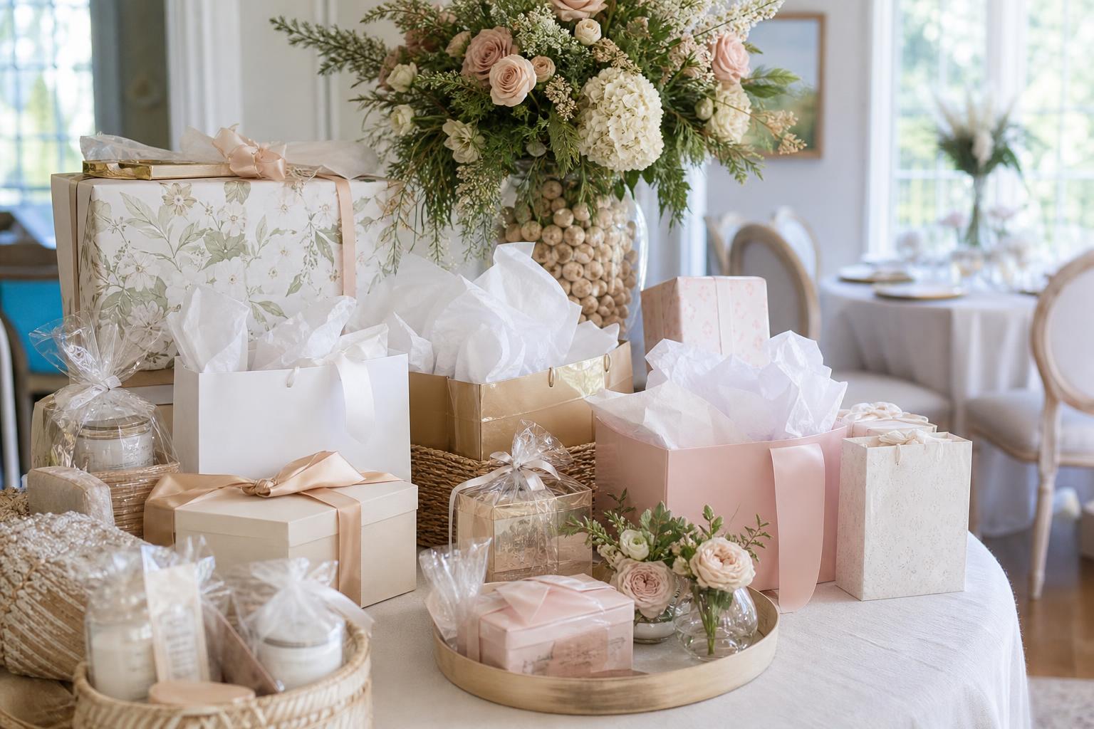 Bridal shower prize ideas displayed on a chic styled table with wrapped gifts, ribbons, and elegant tags