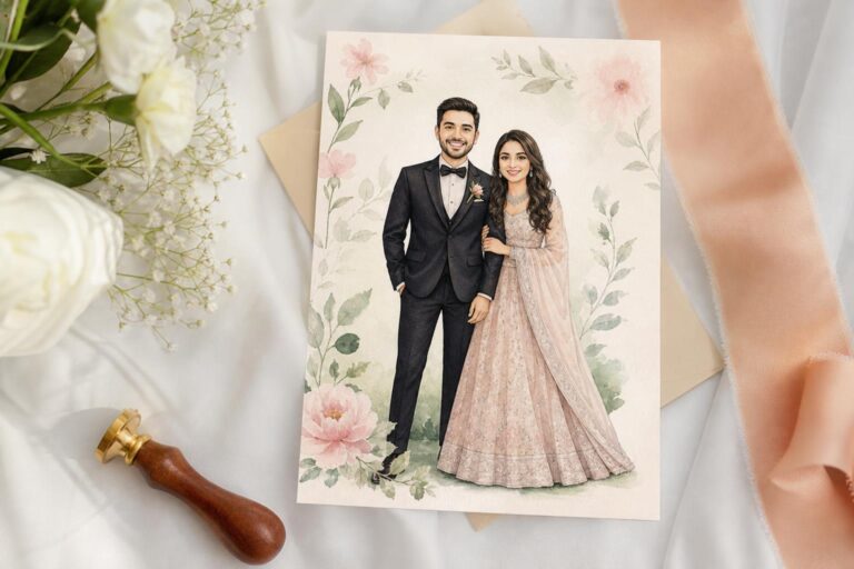 Caricature wedding invitations featuring a chic illustrated couple on an elegant invitation card with refined typography