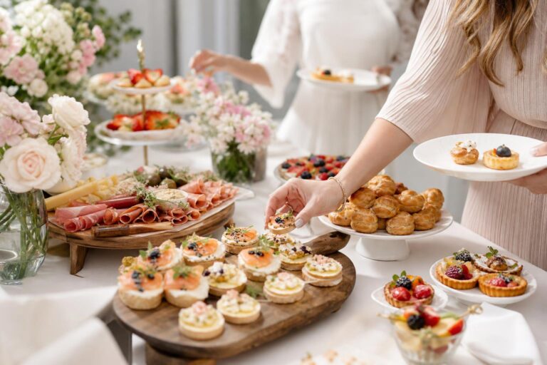 Chic spring brunch table with pastries, fruit, and florals for bridal shower food ideas