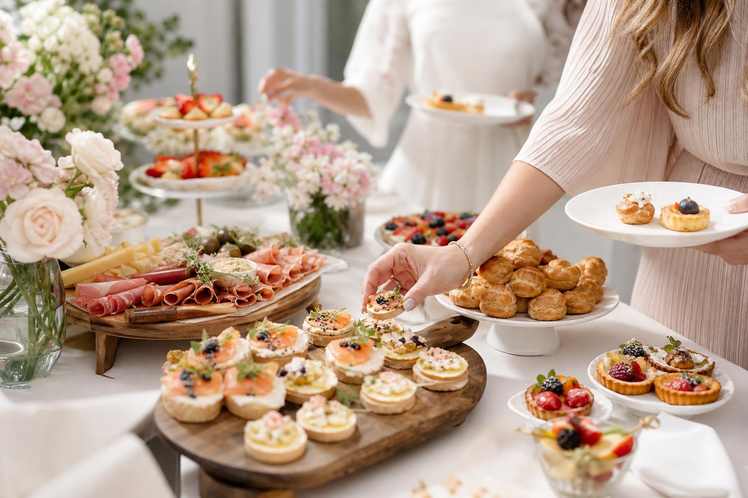 Chic spring brunch table with pastries, fruit, and florals for bridal shower food ideas