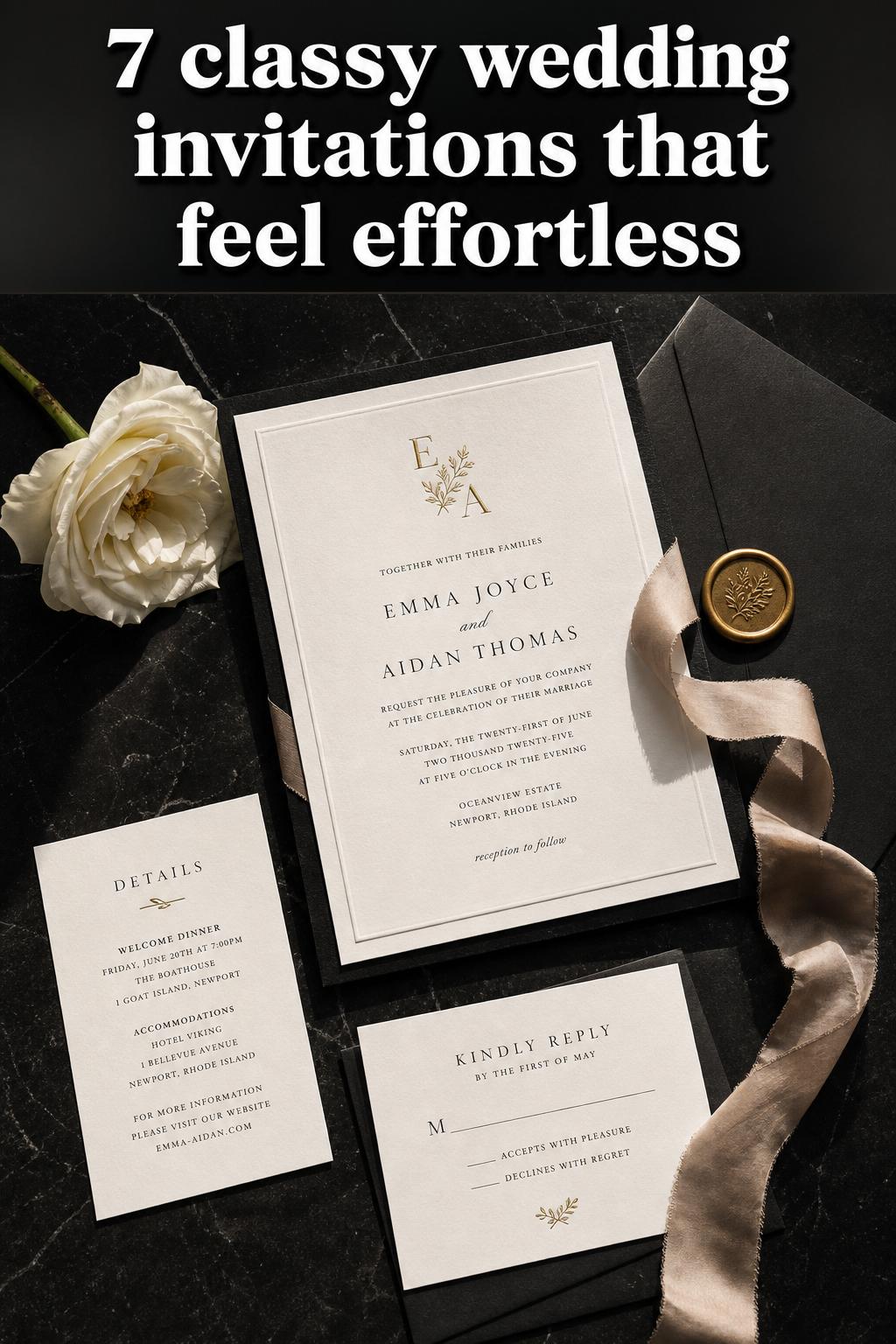 Classy wedding invitations arranged on a table with elegant typography and soft natural light