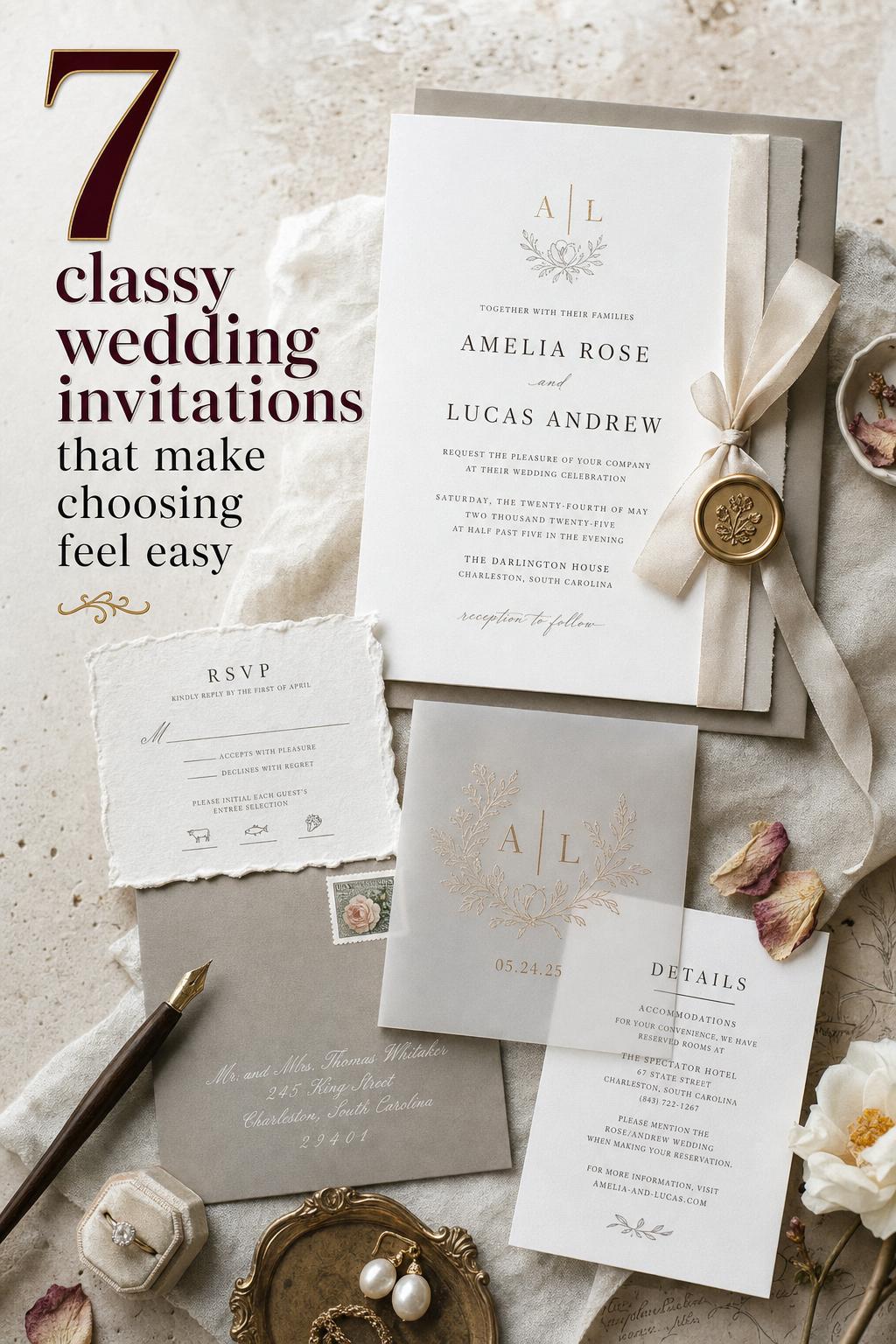 Classy wedding invitations flat lay with ivory letterpress suite, taupe envelope, wax seal, ribbon, and gold foil accents