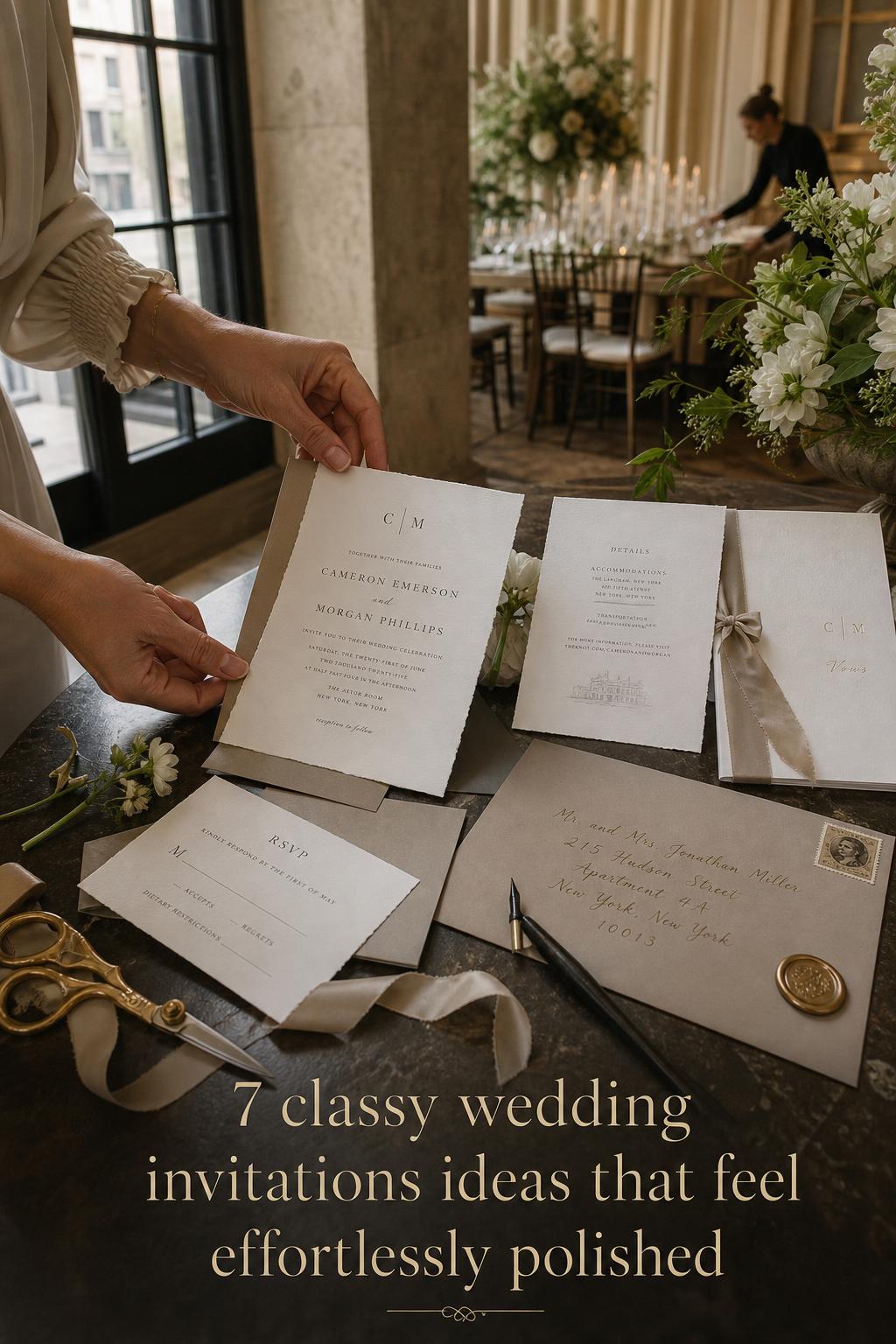 Classy wedding invitations styled on a reception welcome table as a planner adjusts an elegant invitation suite in soft window light.