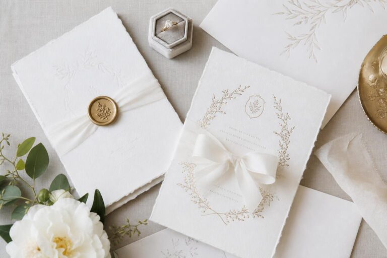 Classy wedding invitations suite with elegant typography, RSVP card, and soft neutral paper on a refined table