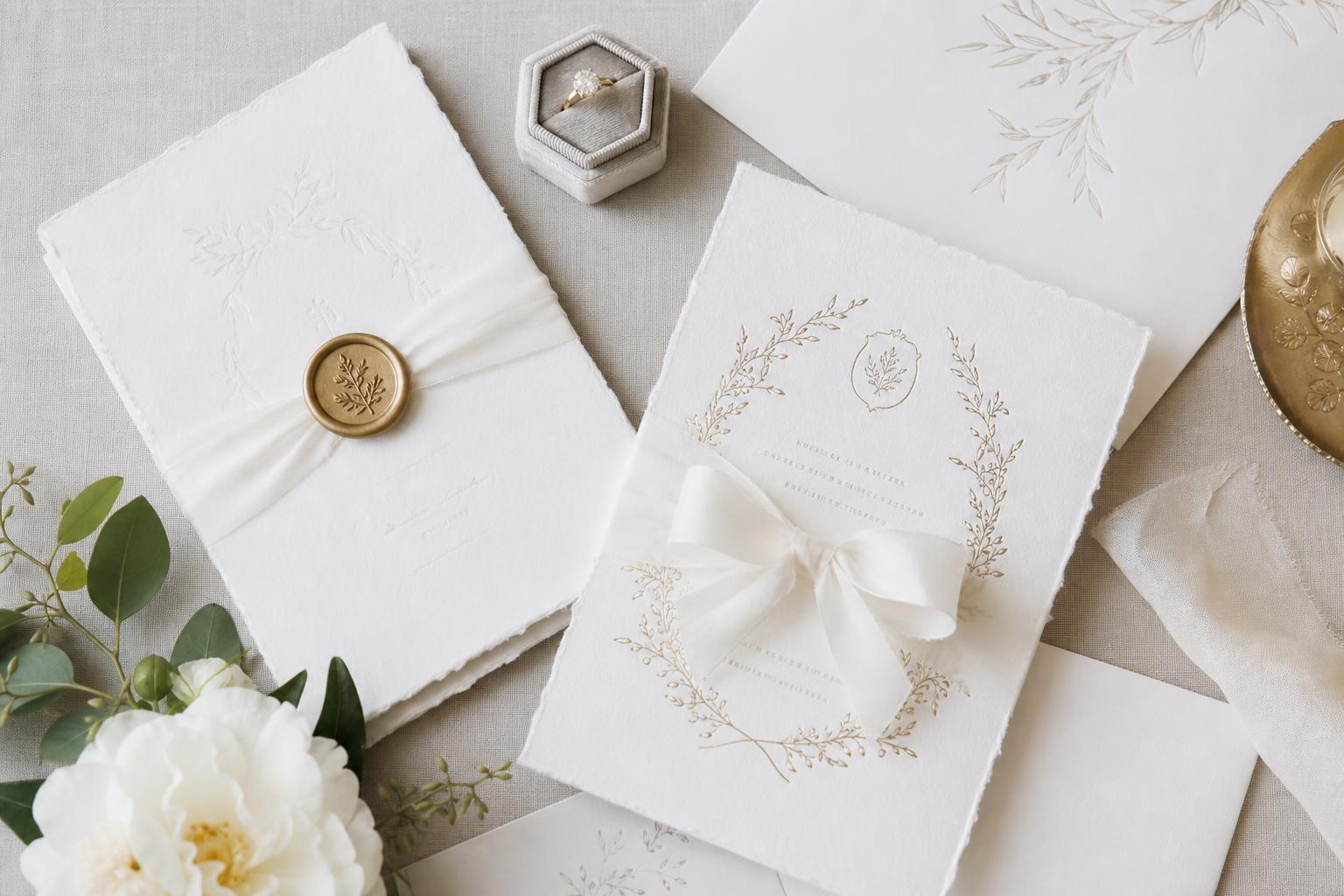 Classy wedding invitations suite with elegant typography, RSVP card, and soft neutral paper on a refined table