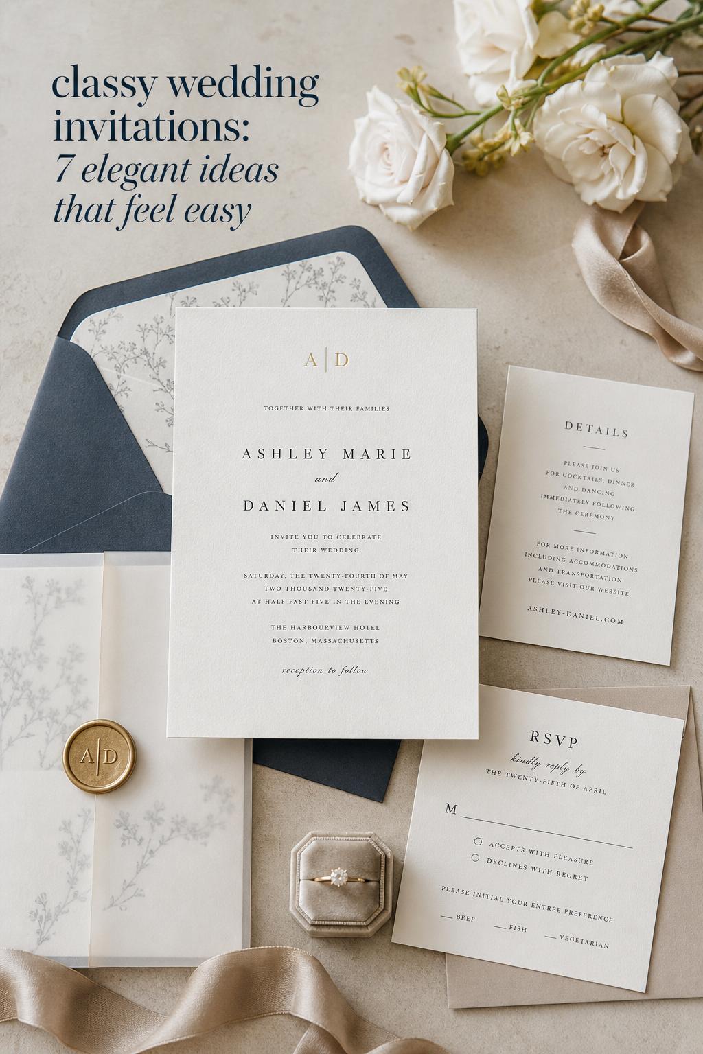 Classy wedding invitations suite flat lay on warm stone with serif cards, foil detail, wax seal, and ivory envelopes