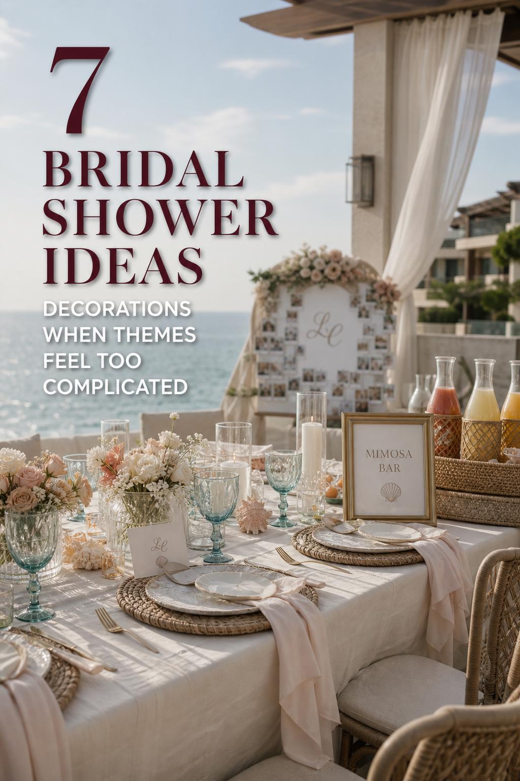 Airy coastal bridal shower tablescape at an oceanfront resort terrace with ivory linens and champagne accents, bridal shower ideas decorations