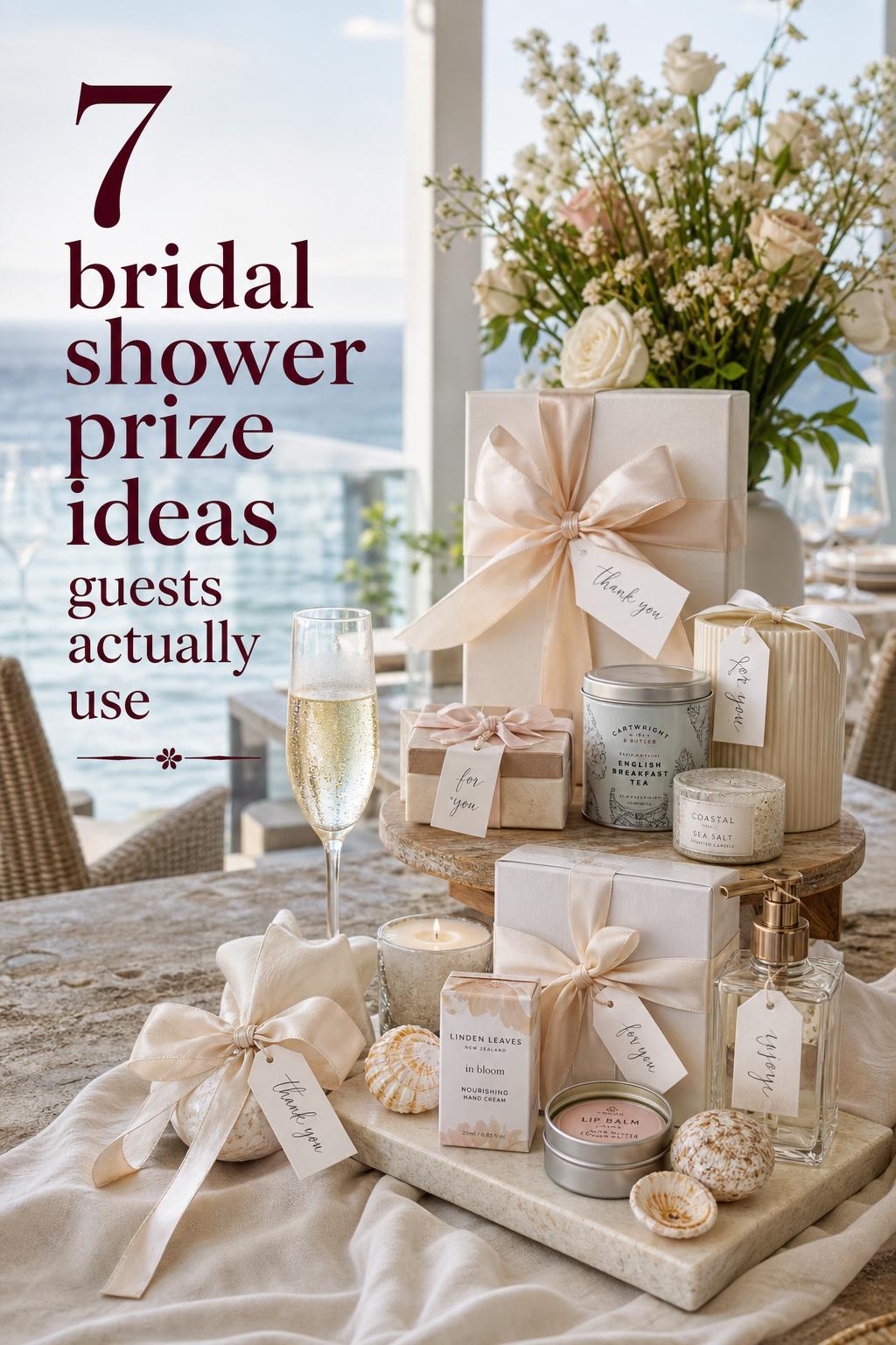 Coastal brunch table display with elegant bridal shower prize ideas in neutral ribbons and luxe favors, oceanfront resort light