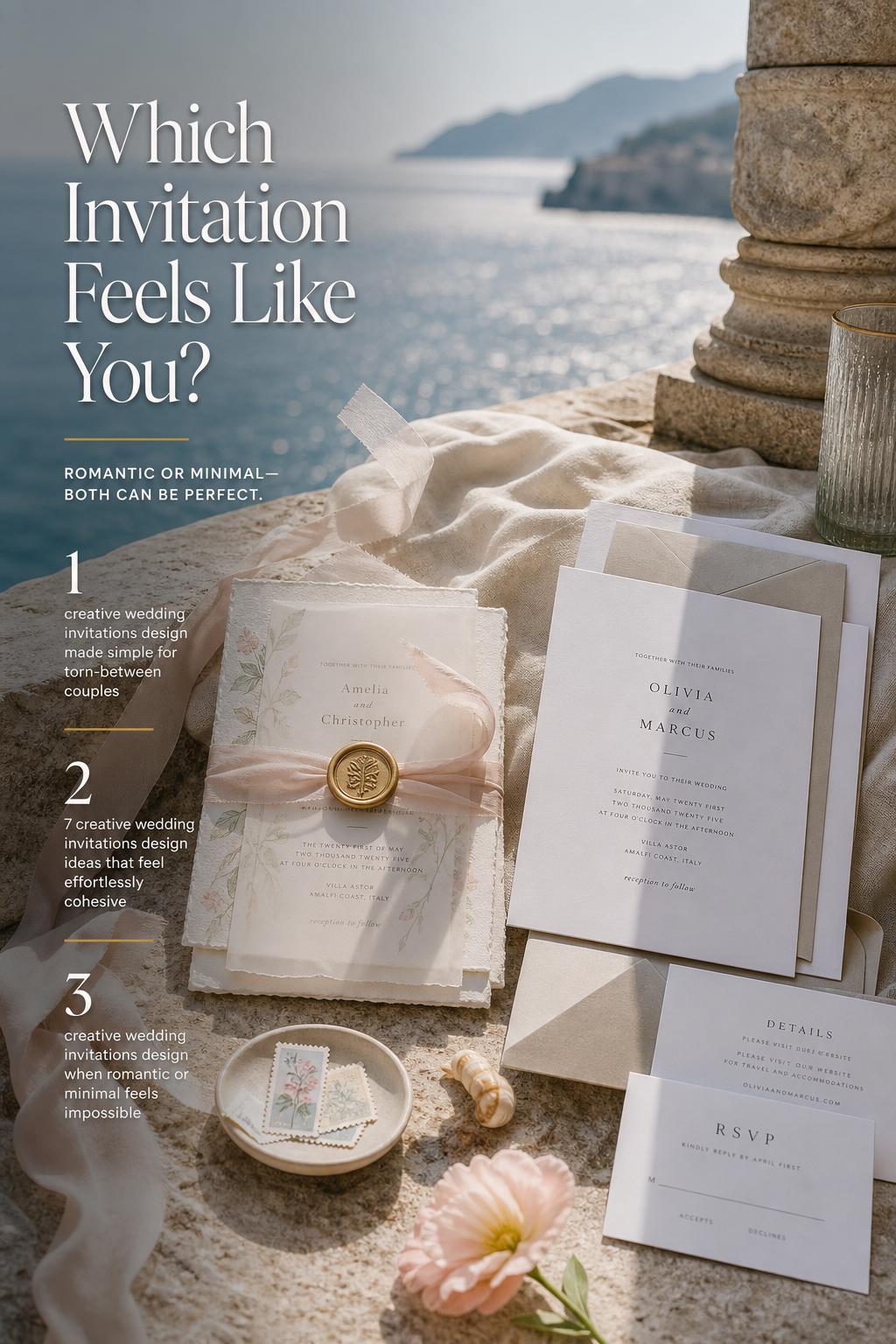Coastal resort terrace with two suites for creative wedding invitations design, romantic deckled papers beside modern minimalist cards.