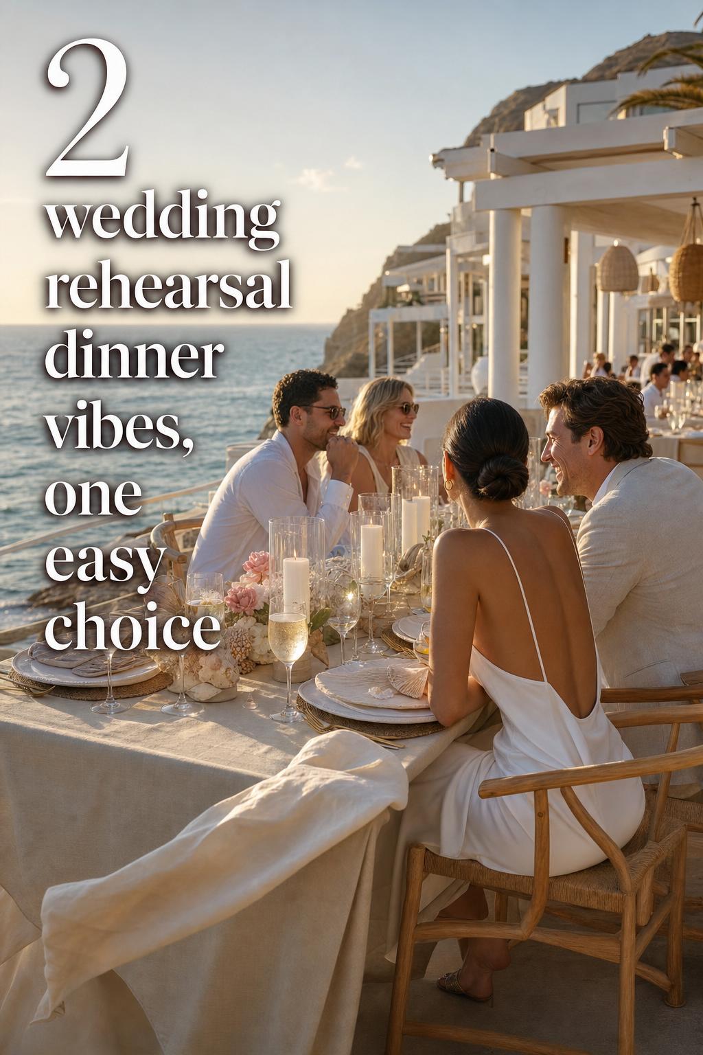 Luxury coastal wedding rehearsal dinner table at oceanfront resort terrace in golden-hour candlelight with relaxed guests