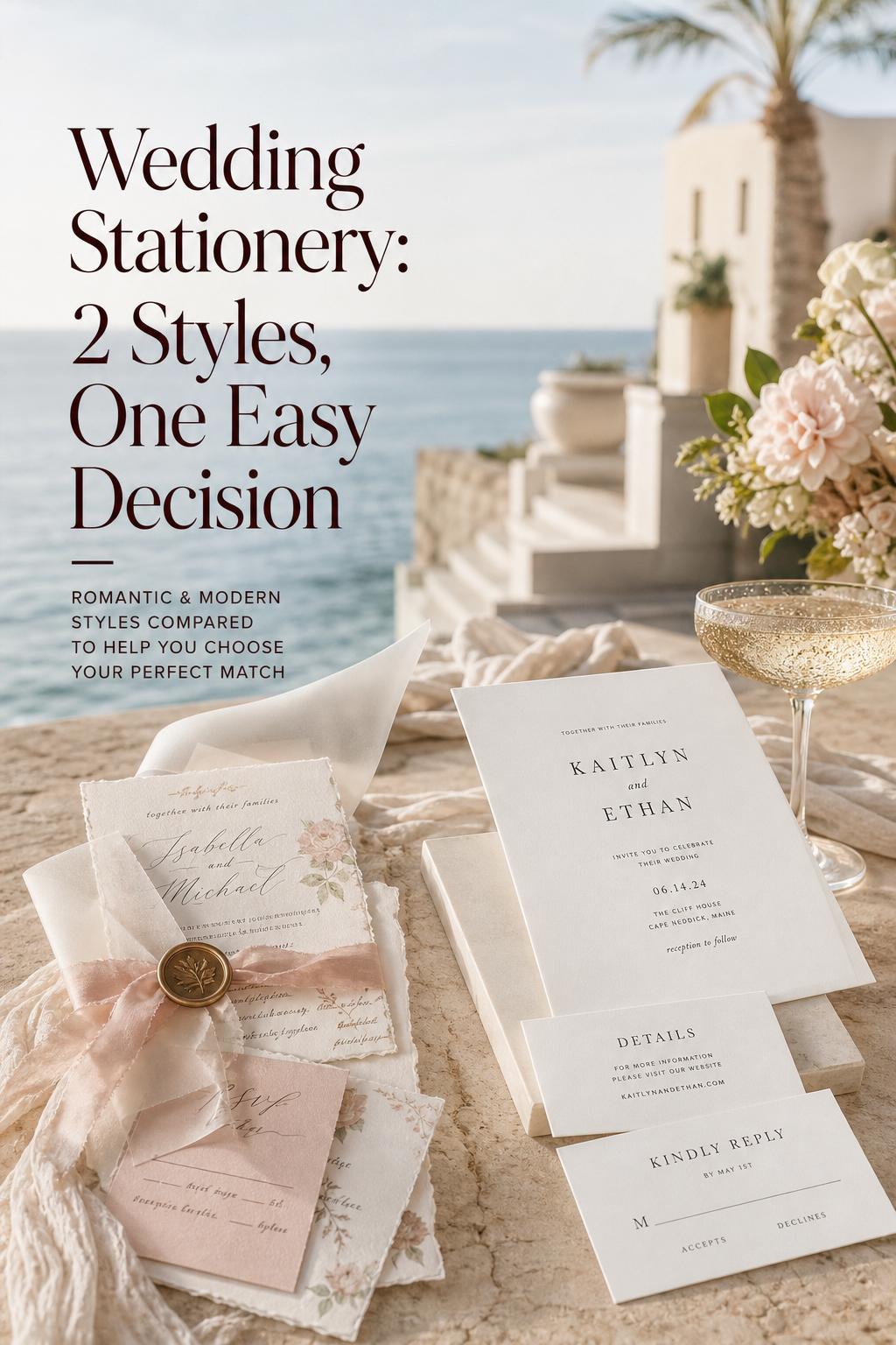 Luxury coastal wedding stationery vignette showing romantic and minimalist paper styles on a stone table by the ocean