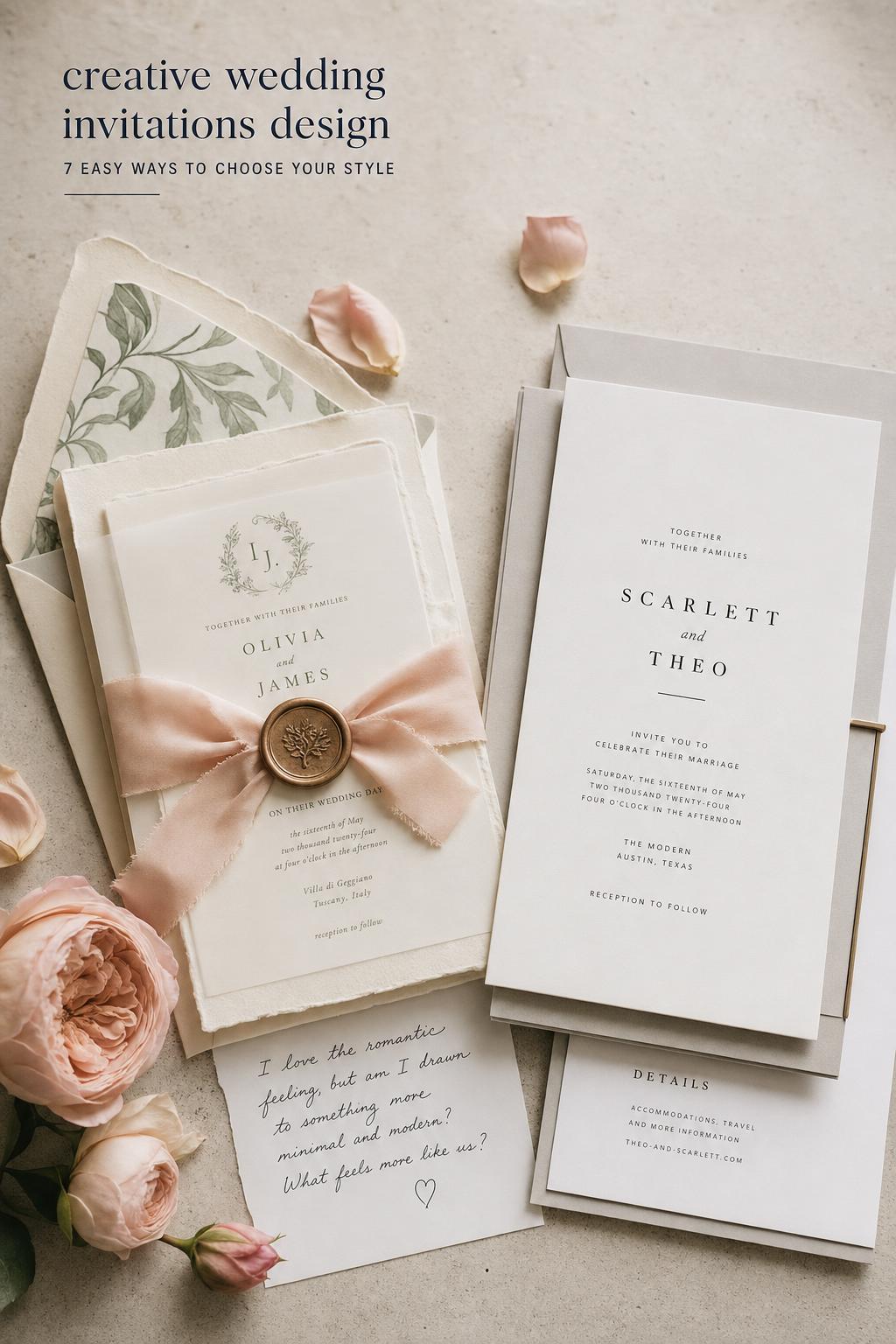 Creative wedding invitations design comparison flat lay with romantic and modern suites on limestone, soft window light