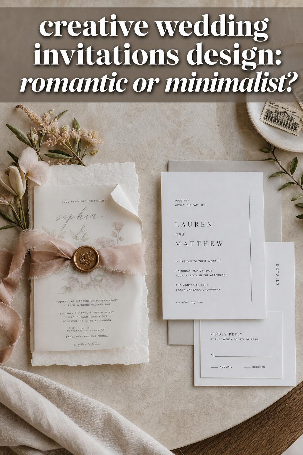 Creative wedding invitations design with elegant calligraphy and floral accents on a neutral background