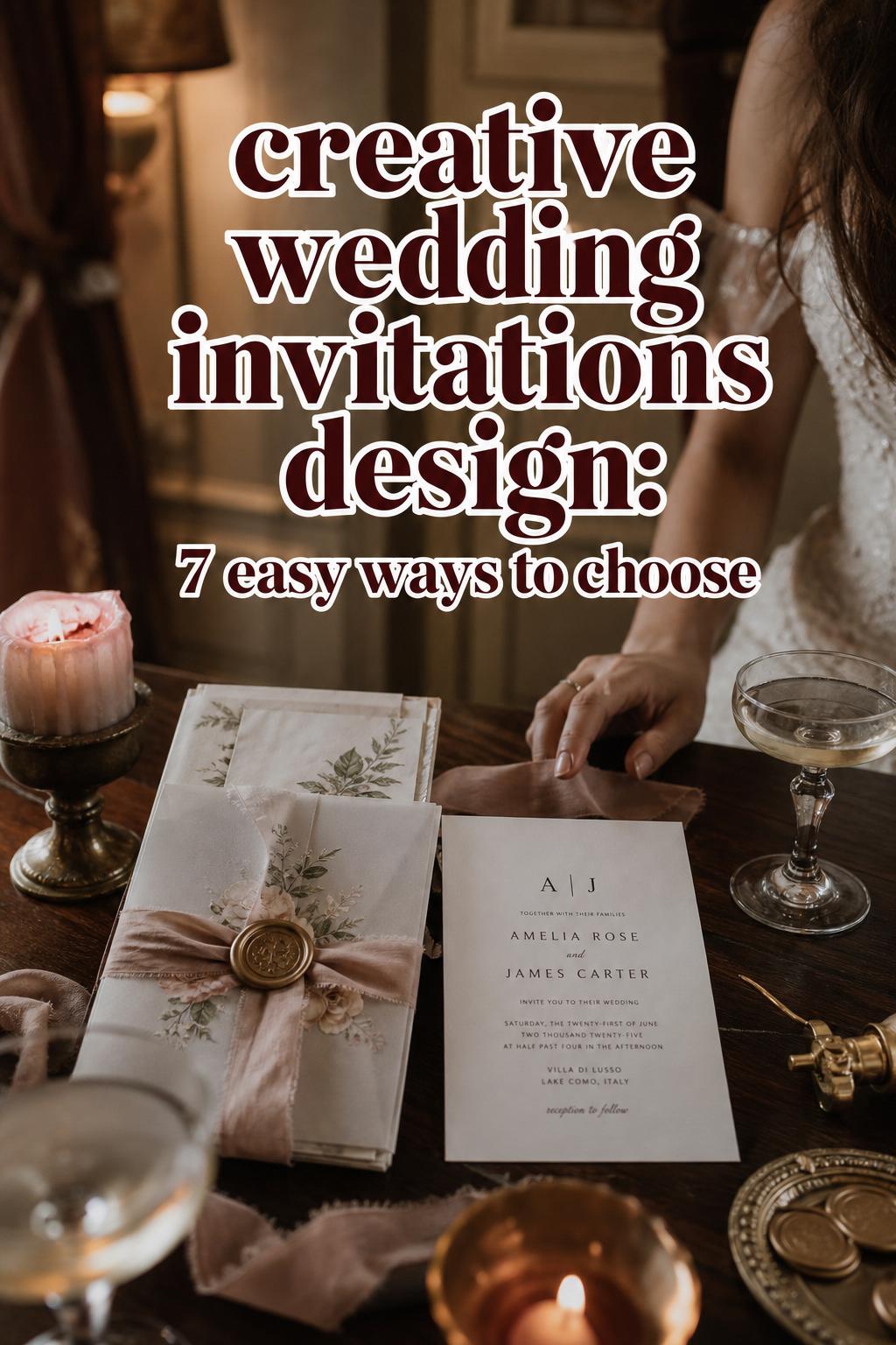 Creative wedding invitations design on dark wood table with vellum, wax seal, silk ribbon, and minimalist card in warm candlelight