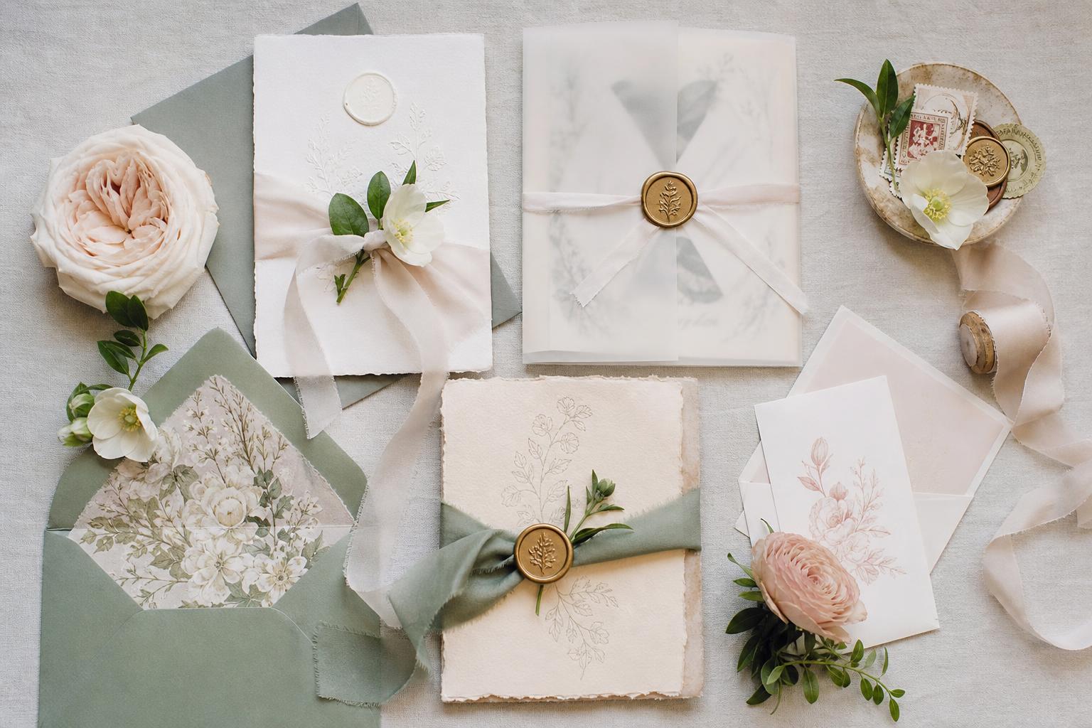 Creative wedding invitations design with romantic florals and modern minimalist typography on premium cotton paper