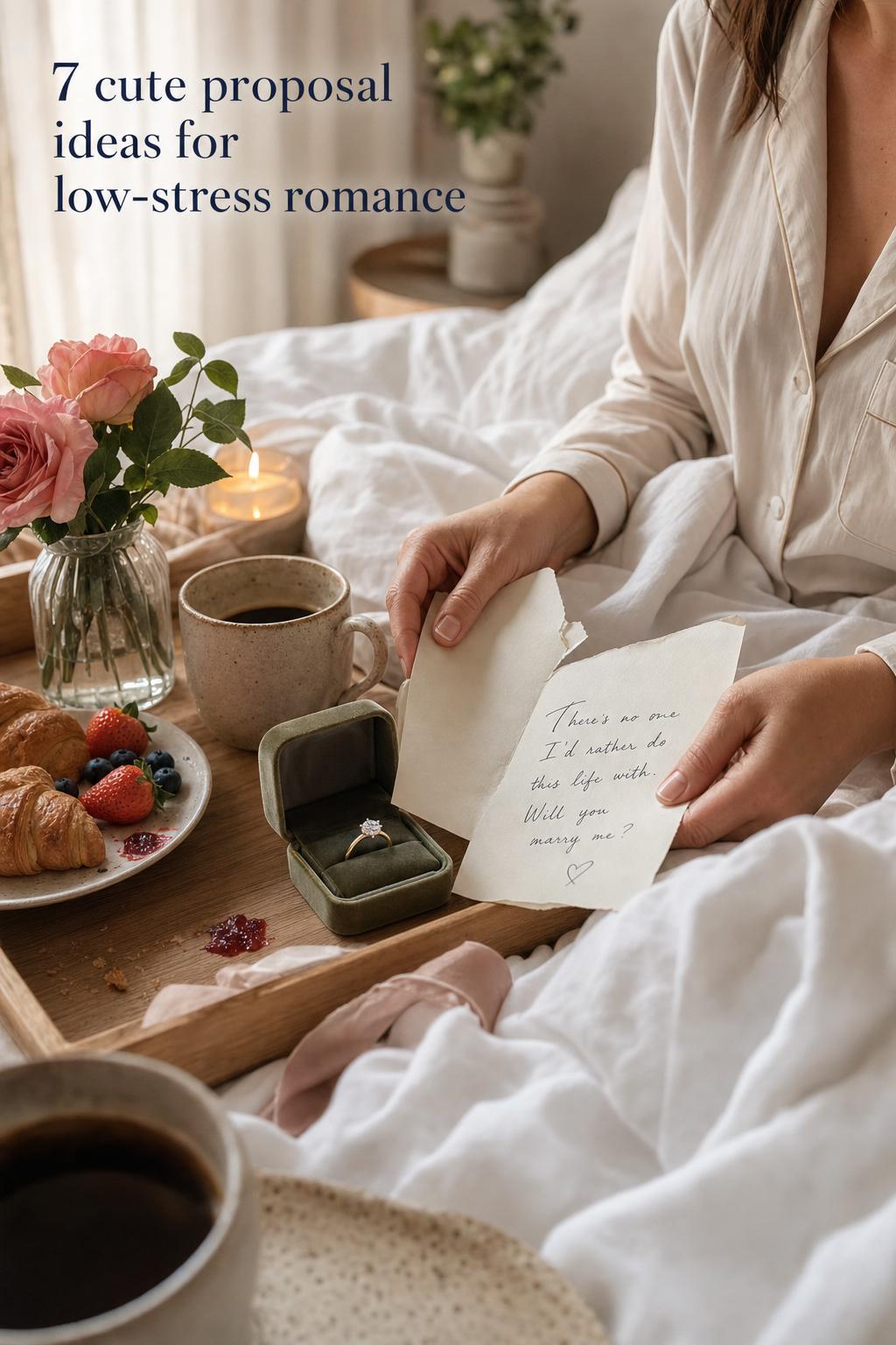Cute proposal ideas: breakfast in bed ring reveal with handwritten note, croissants, coffee, and roses in soft morning light