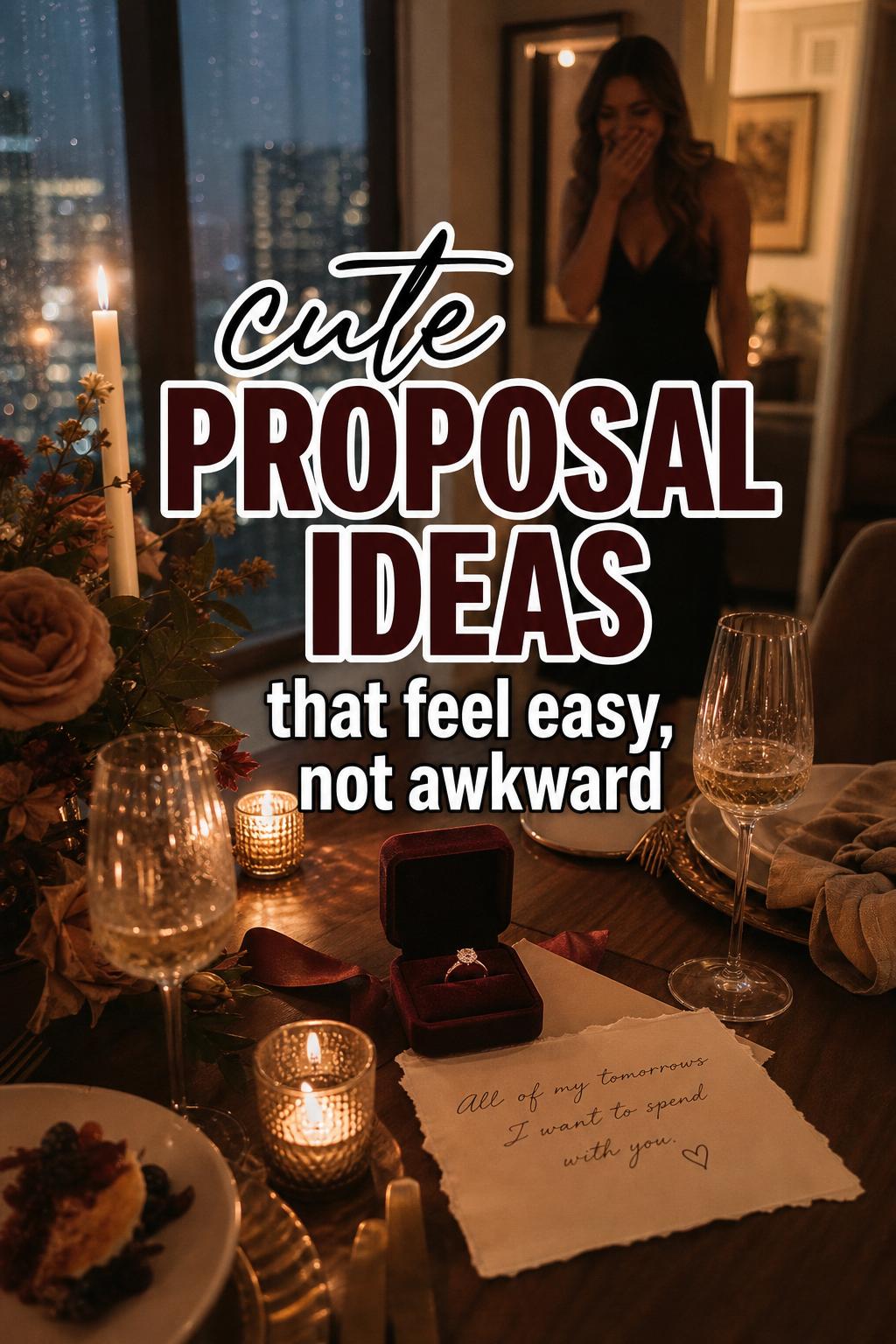 Cute proposal ideas: candlelit ring box and handwritten note on a dining table by rainy windows in a cozy upscale apartment.
