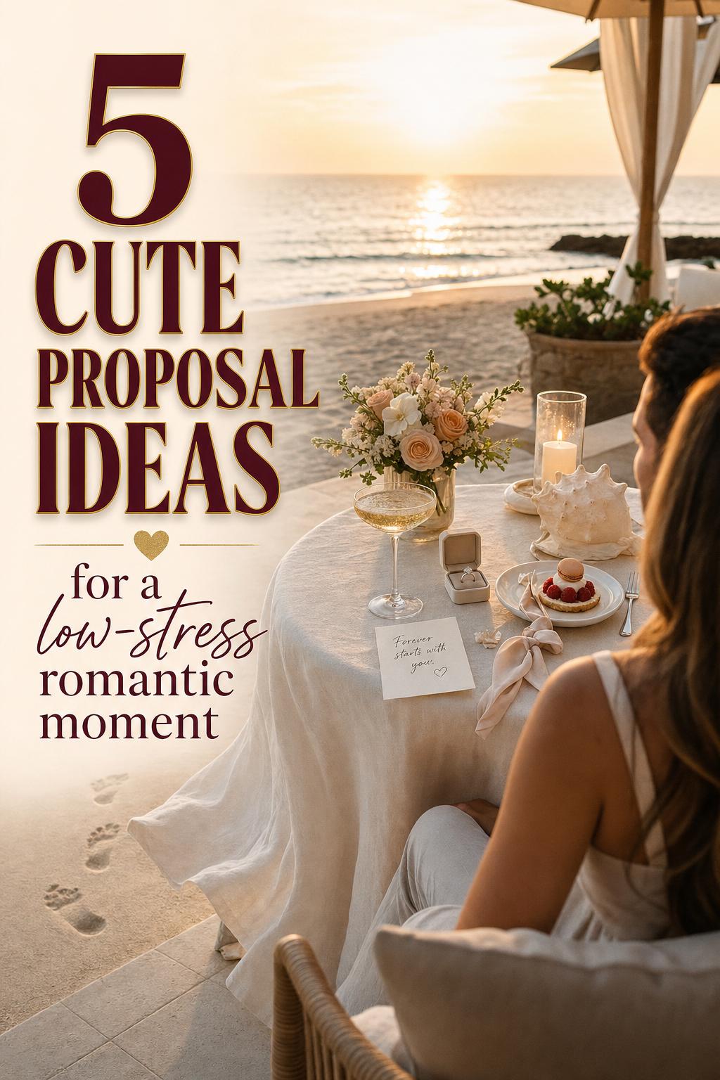 Cute proposal ideas on a luxury oceanfront patio with linen table for two, ring box, note, champagne coupe at sunset