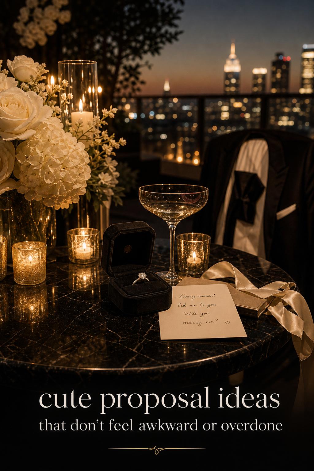 Cute proposal ideas on a luxury rooftop: velvet ring box on black marble table with champagne, candles, and city lights