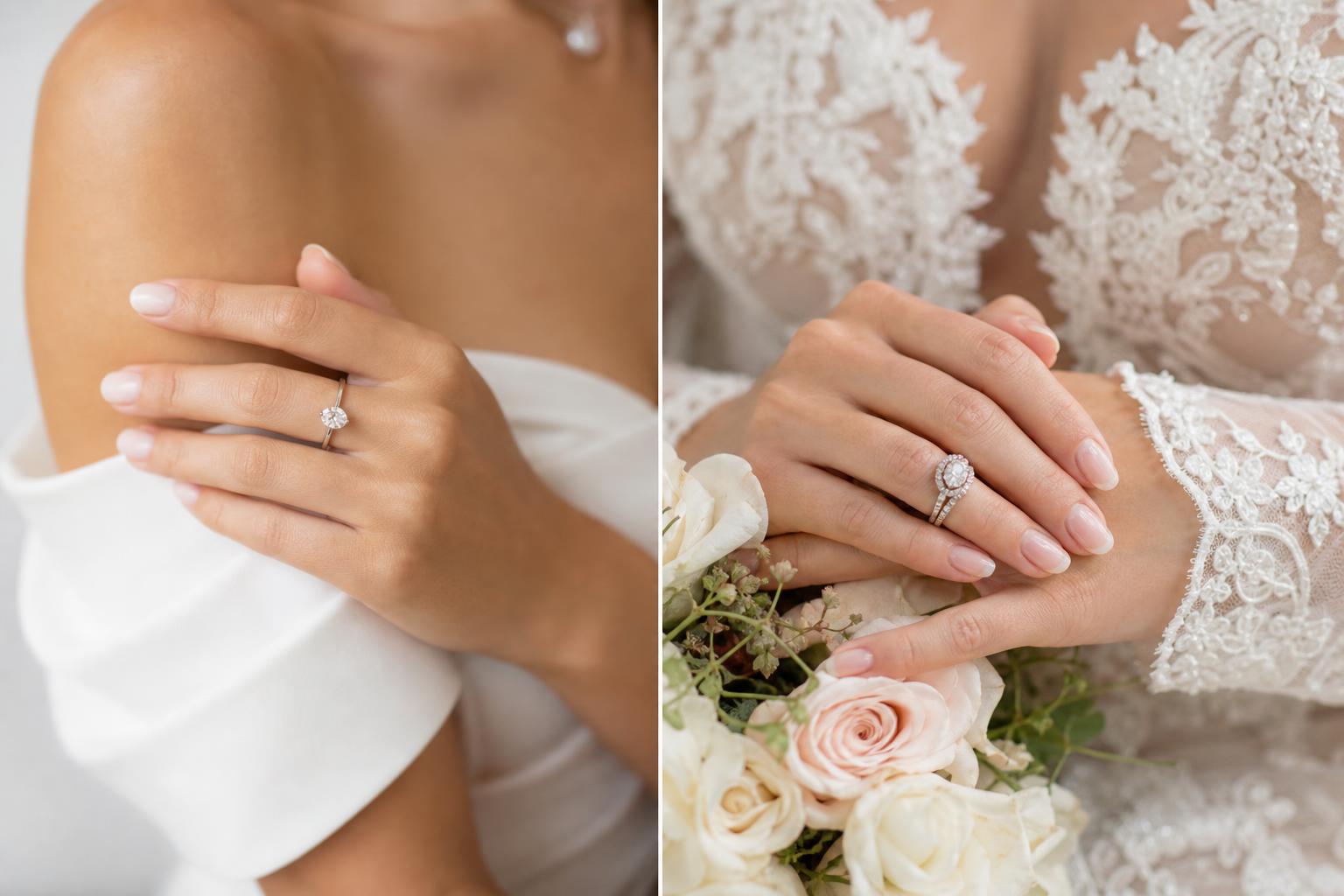 Diamond rings design comparison showing modern minimal and romantic ornate wedding engagement rings on a bride’s hand