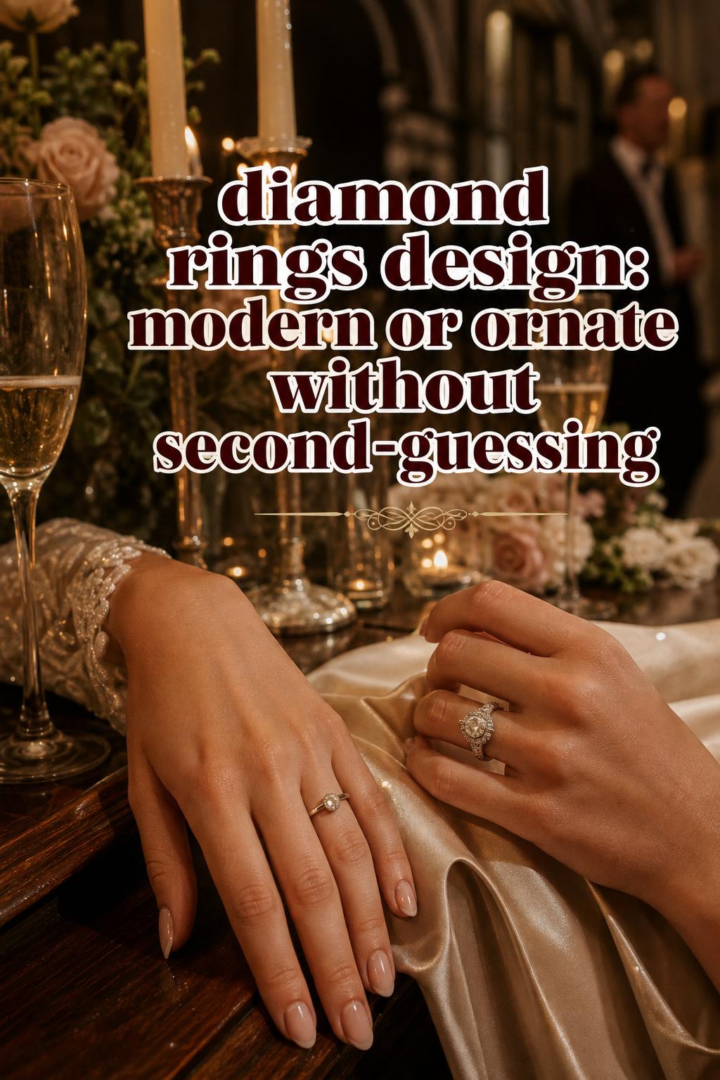 Bridal hands at candlelit reception showing diamond rings design in modern minimal and ornate styles beside champagne glasses