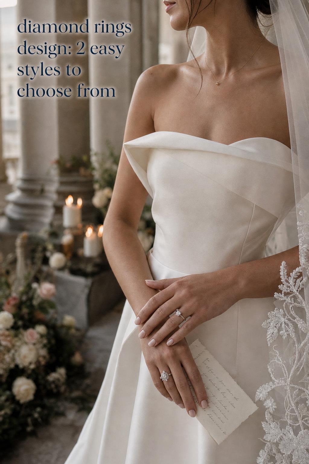 diamond rings design comparison on bride hands, modern minimal ring and ornate diamond ring in candlelit venue