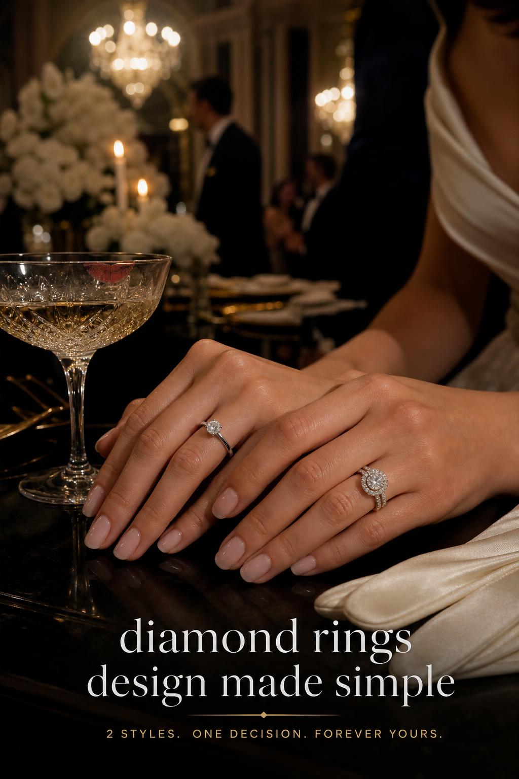 Diamond rings design close-up of bridal hands comparing solitaire and halo rings on a black lacquer table at a black tie wedding
