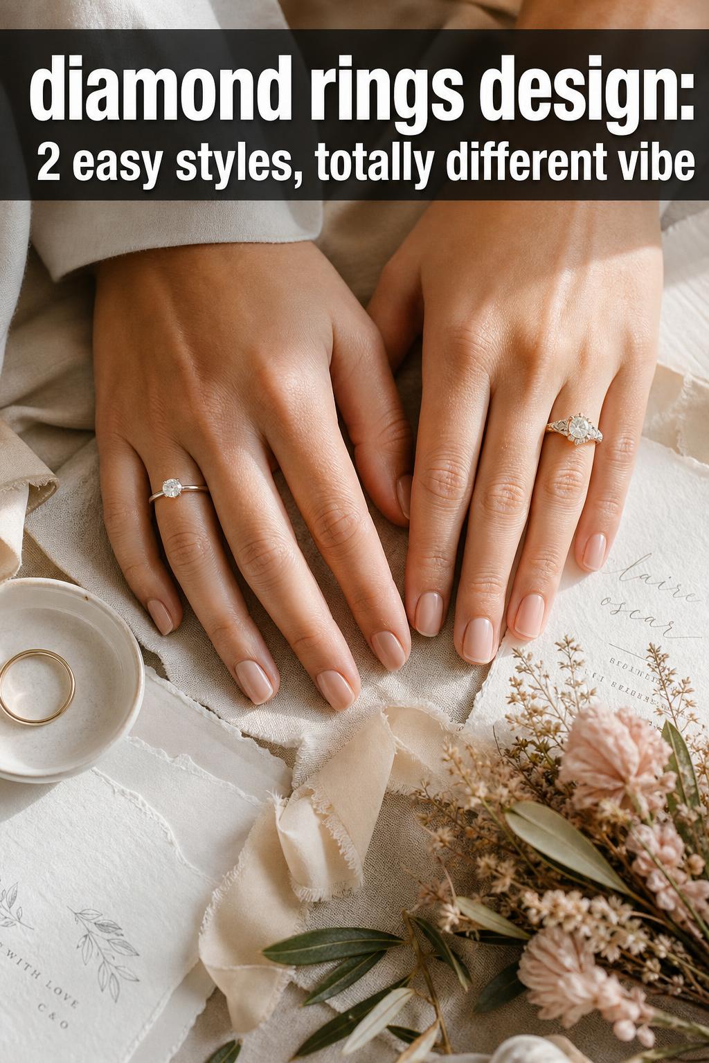 Photographic diamond rings design with sparkling stones on a soft neutral background
