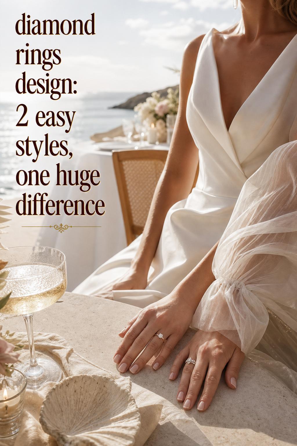 Diamond rings design close-up of two bridal hands comparing modern and ornate diamond rings on a seaside wedding table