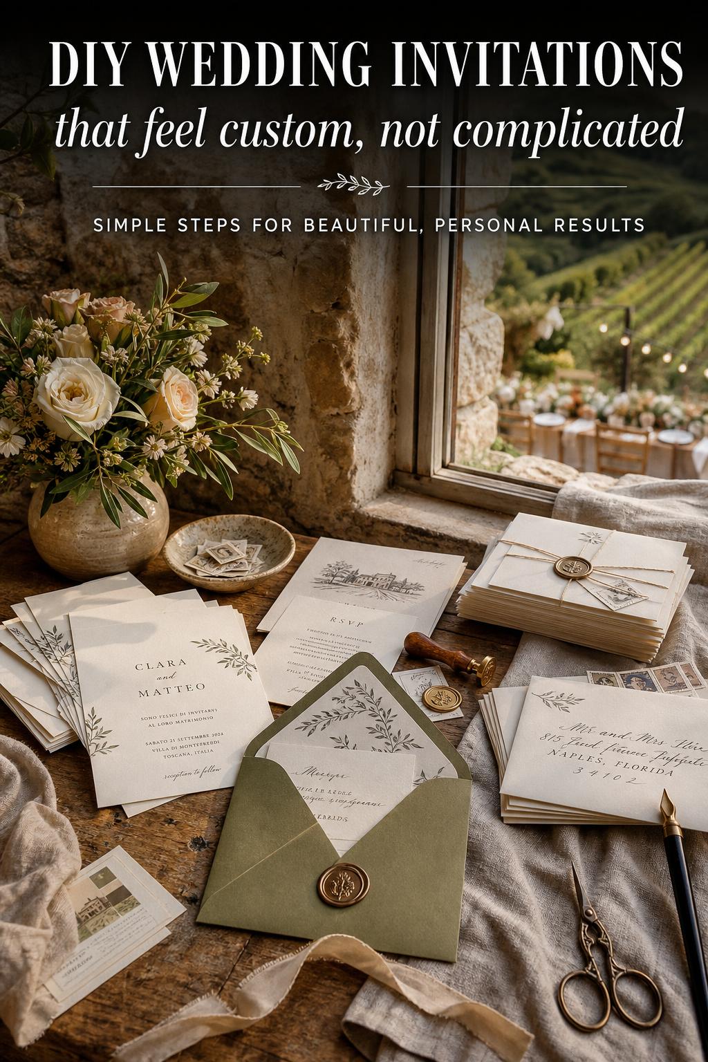 DIY wedding invitations arranged on a wooden table with ribbons, envelopes, and wax seal accents