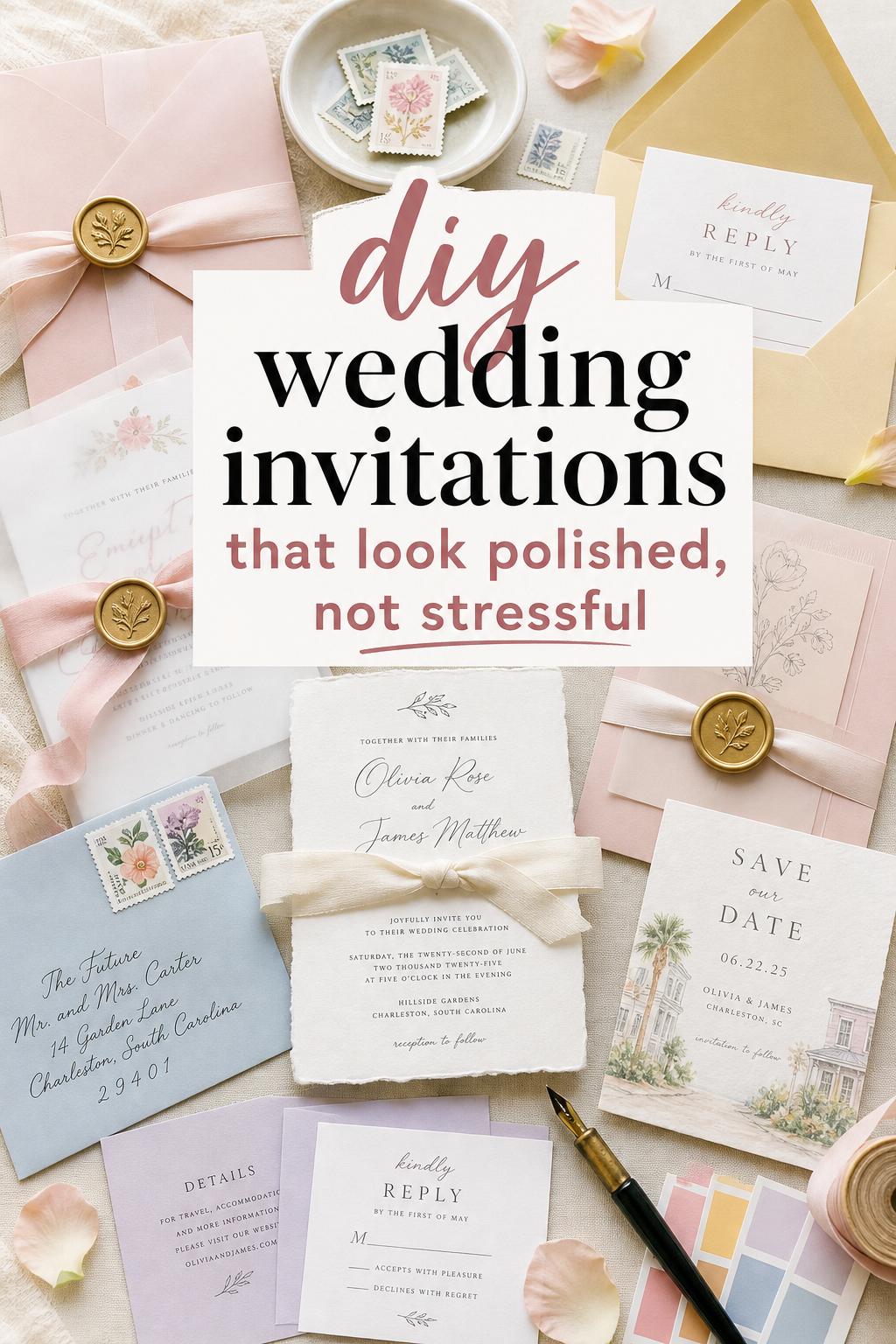 DIY wedding invitations suite on pastel studio worktable with vellum, wax seals, ribbons, and addressed envelopes in soft daylight