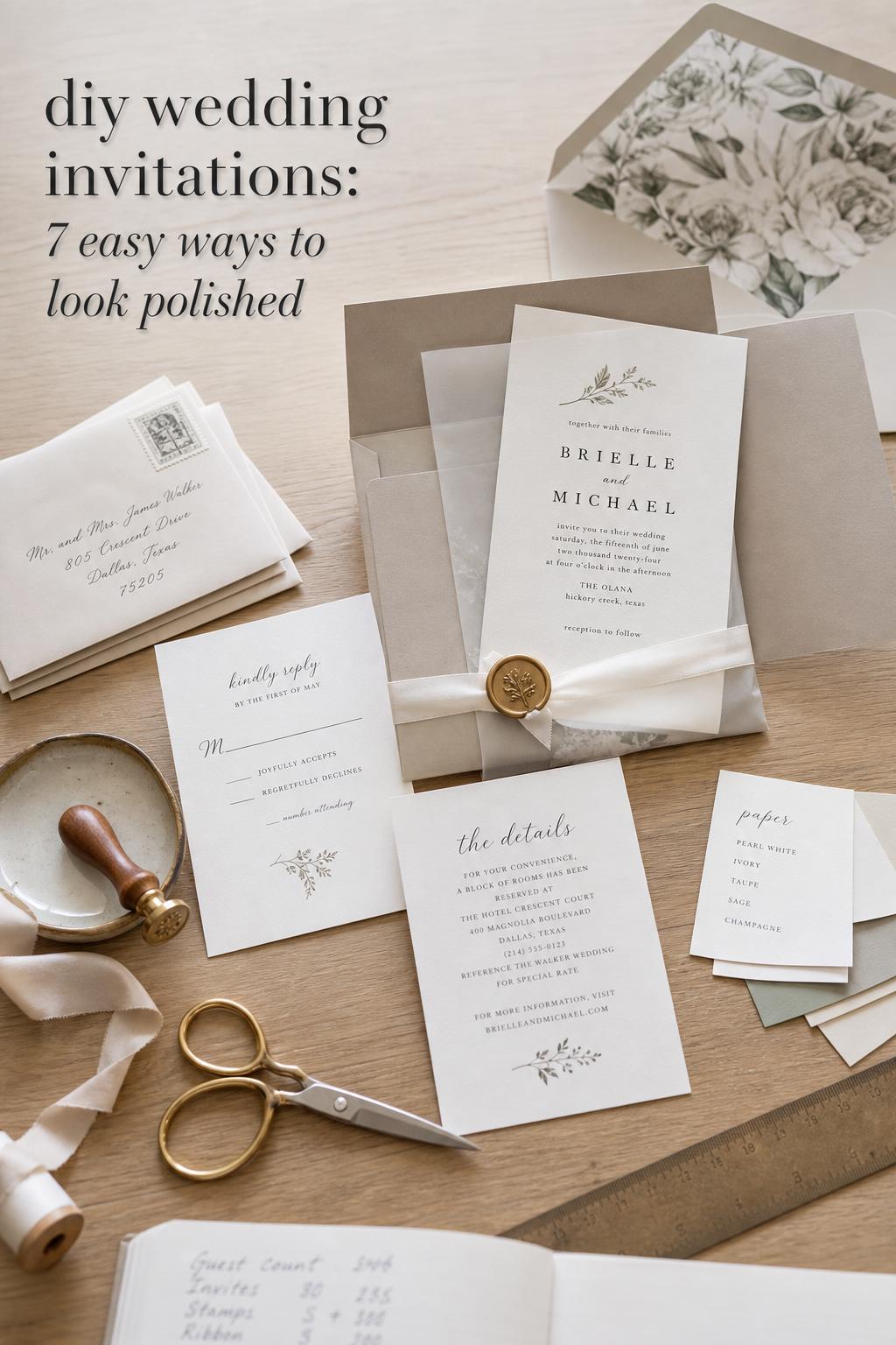 Diy wedding invitations suite on oak desk with vellum, wax seal, silk ribbon, and addressed envelopes in soft window light