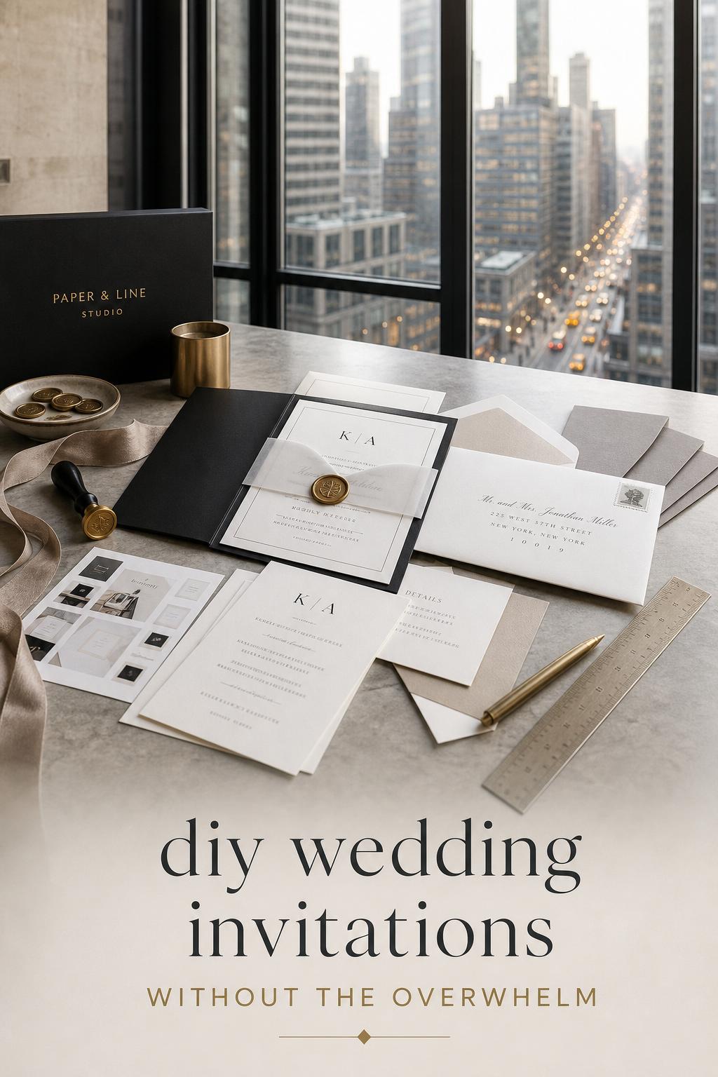 DIY wedding invitations styled on a modern loft worktable with ivory stationery, vellum, wax seals, and city window views