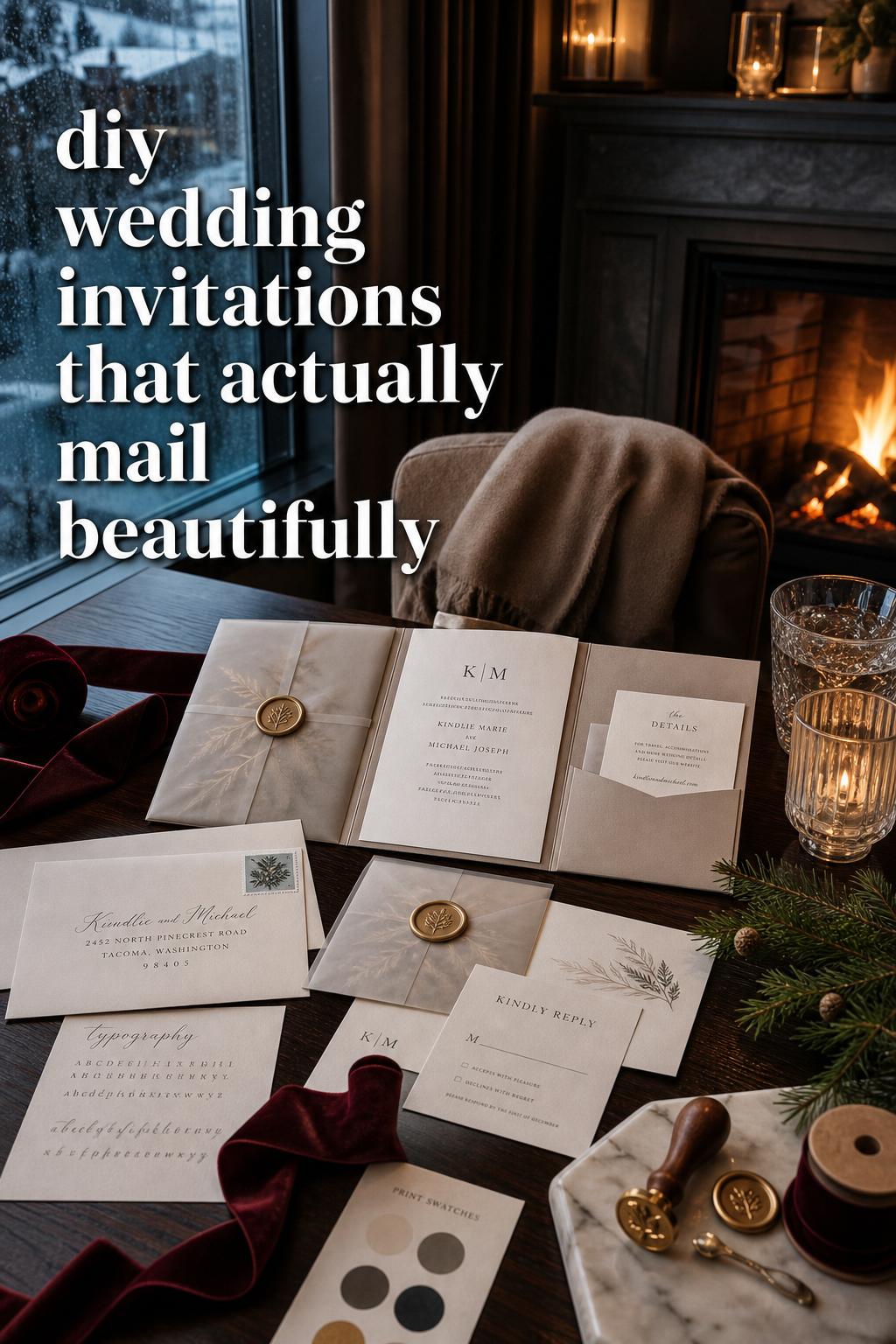 DIY wedding invitations styled on a dark wood desk by a glowing fireplace in a winter alpine studio with vellum and wax seals
